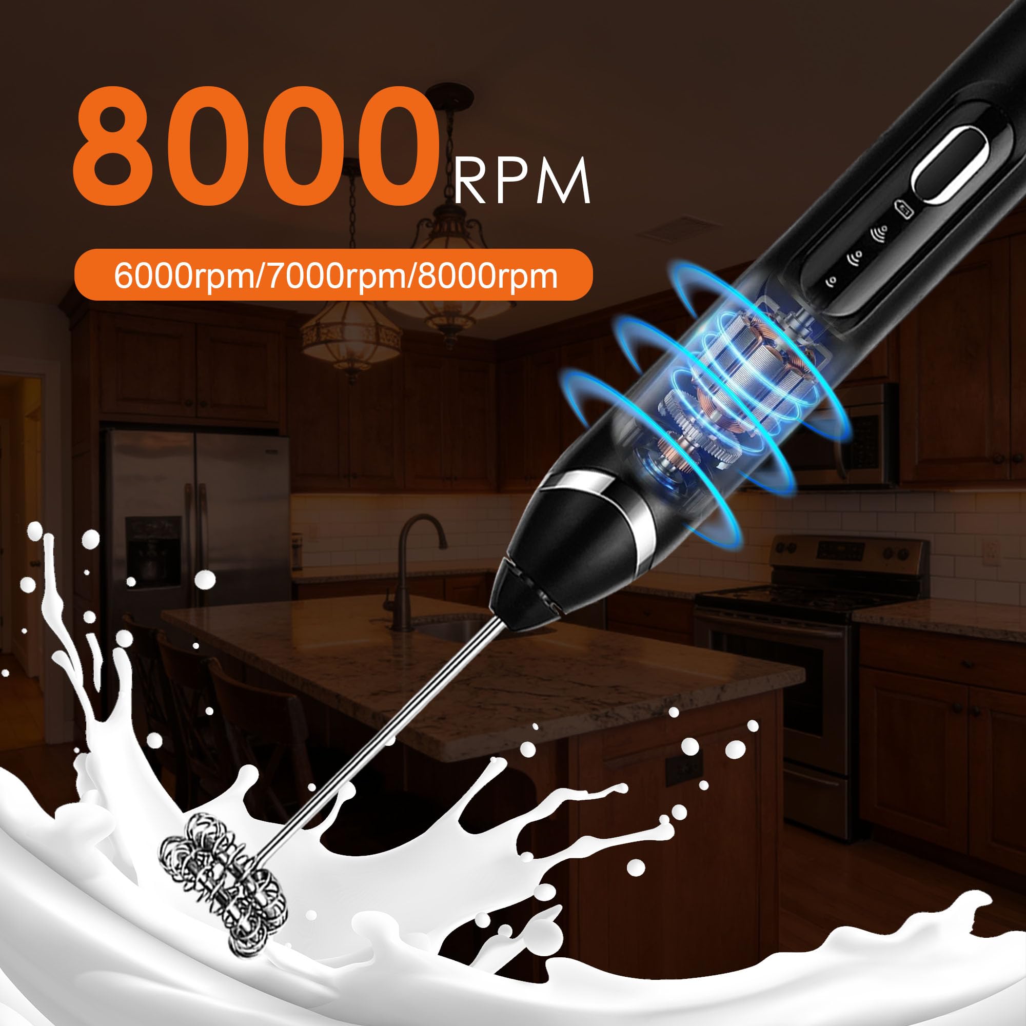 ToWinSom Milk Frother Handheld with stand,Rechargeable Coffee Frother Wand with 3 Detachable Stainless Steel Whisk Heads, Hand Electric Mixer for Latte,Matcha,Cappuccino,Protein (Black)