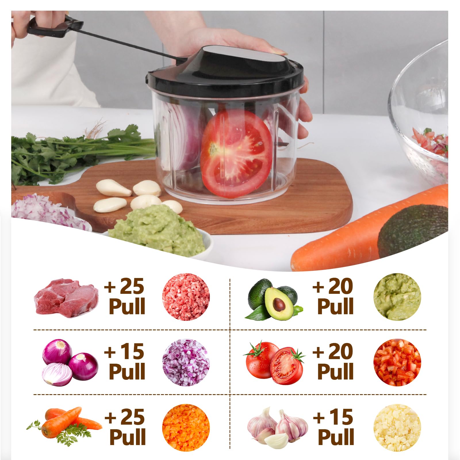 LHS Manual Food Processor Large Vegetable Chopper, 1000ML Pull String Chopper Garlic Mincer Onion Cutter for Veggies,Salad,Fruits, Nuts, BPA Free, Black
