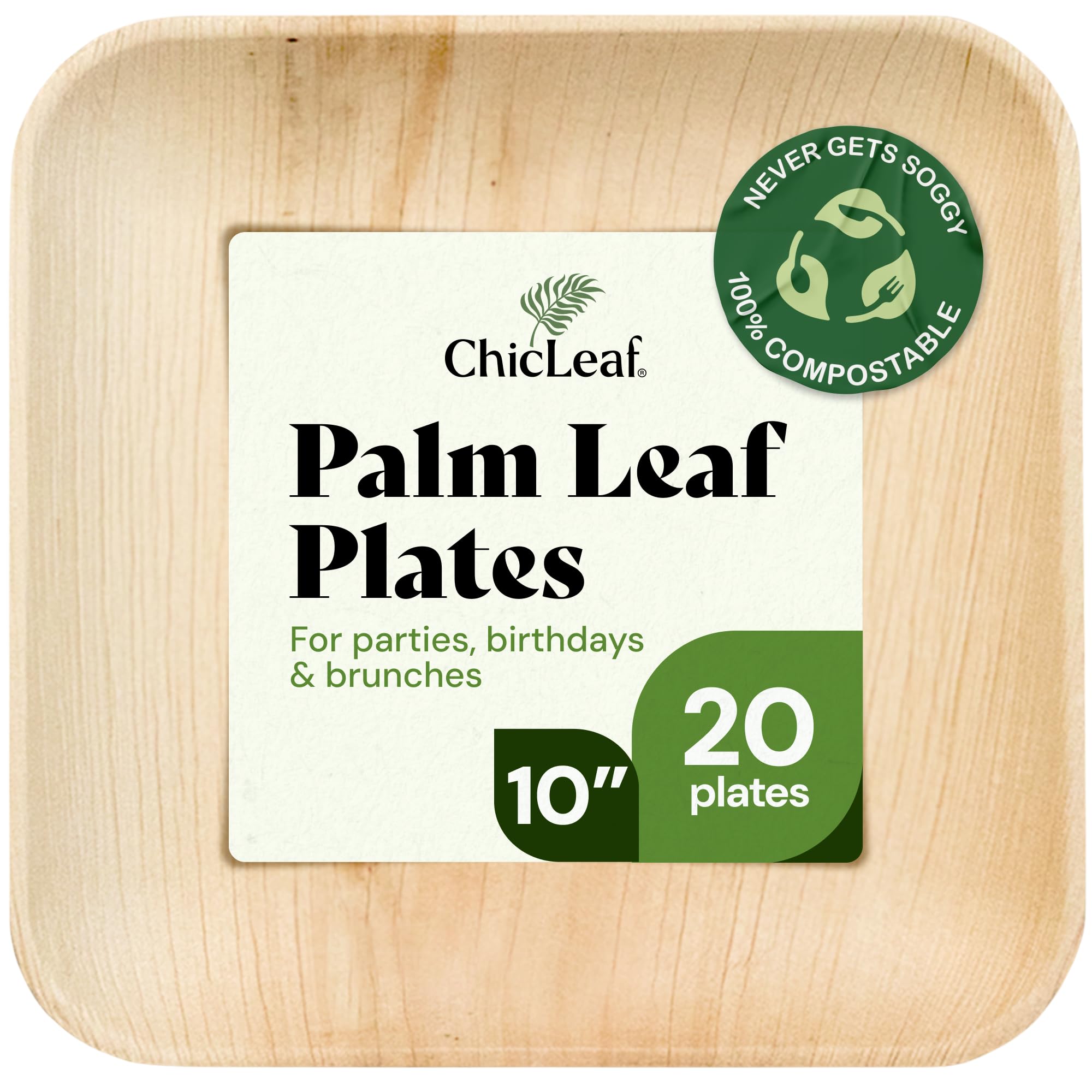 Chic Leaf Palm Leaf Plates - 10 in Square, 20 Pack, Compostable