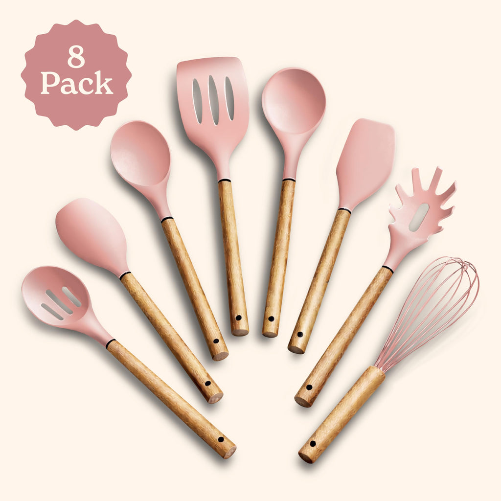 Country Kitchen Non Stick Silicone Utensil Set with Rounded Wood Handles for Cooking and Baking, 8 Piece Set, Pink