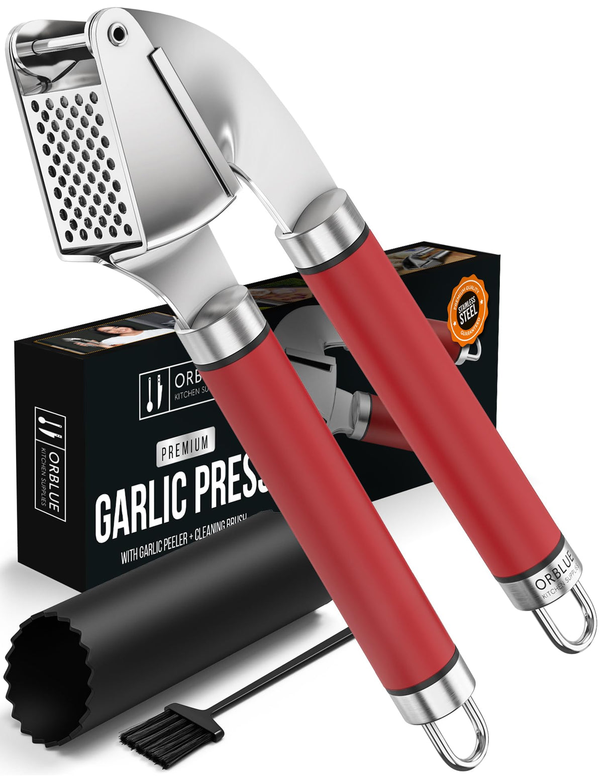 ORBLUE Garlic Press Stainless Steel - Premium Professional Grade Garlic Mincer, Crusher & Peeler Set - Easy Clean, Dishwasher Safe & Rust-proof