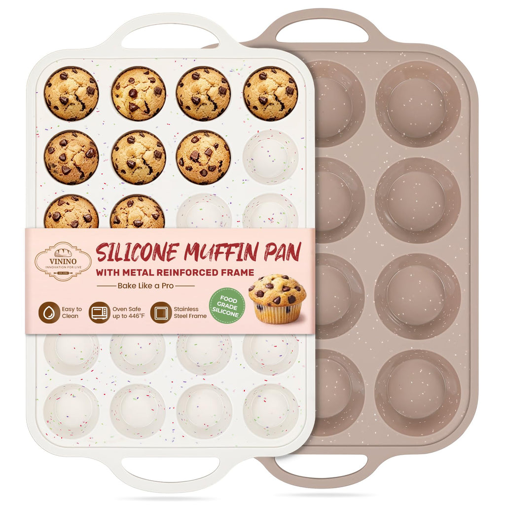 Vinino 2Pack Silicone Muffin Pans for Baking with Metal Reinforced Frame, 12 Cups Regular Size Nonstick Silicone Cupcake Pan, BPA Free Oven Dishwasher Safe Baking Mold for Muffins Cupcakes
