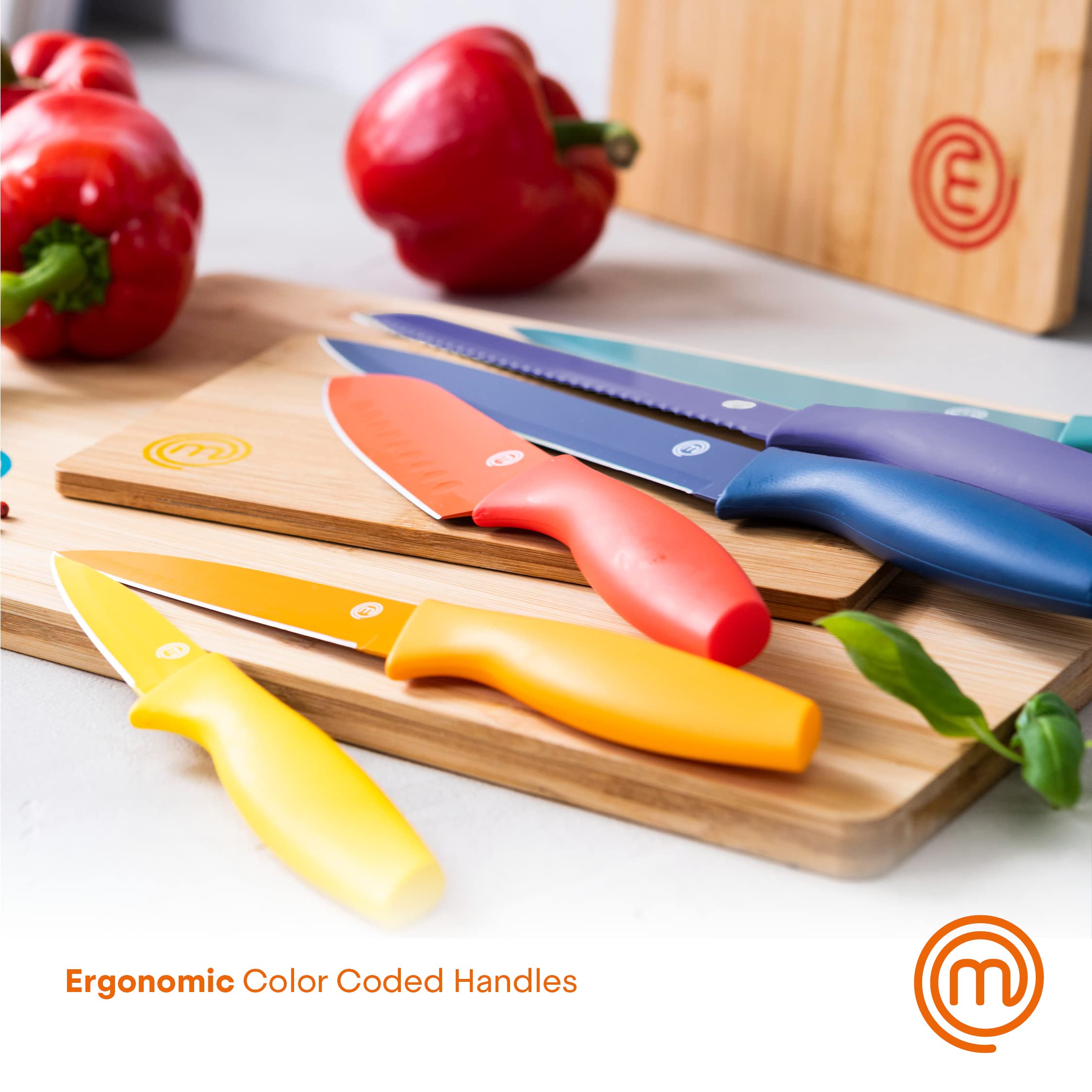 MasterChef Kitchen Knives Set with Covers incl. Paring, Boning, Carving, Bread, Santoku & Chef Knife, Sharp Cutting Stainless Steel Blades with Sheaths, 12 Piece (6 Colored Knives & 6 Covers)