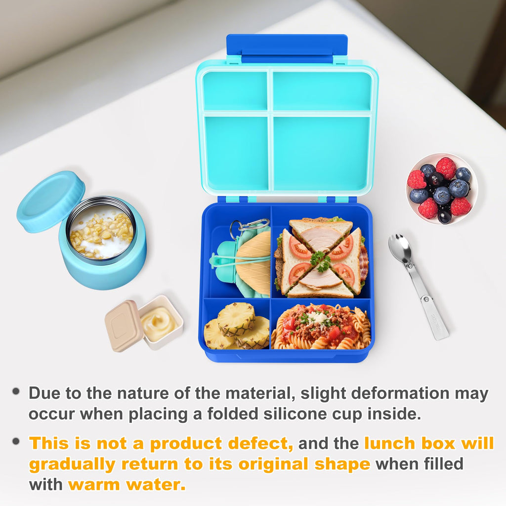 HAWEEK Lunch Box Kids with 5 Compartments, Insulated Food Jar & Utensil & Sauce Container & Lunch Bag & Silicone Collapsible Cup, Leak Proof Bento Box, BPA-Free & Dishwasher Safe-Blue