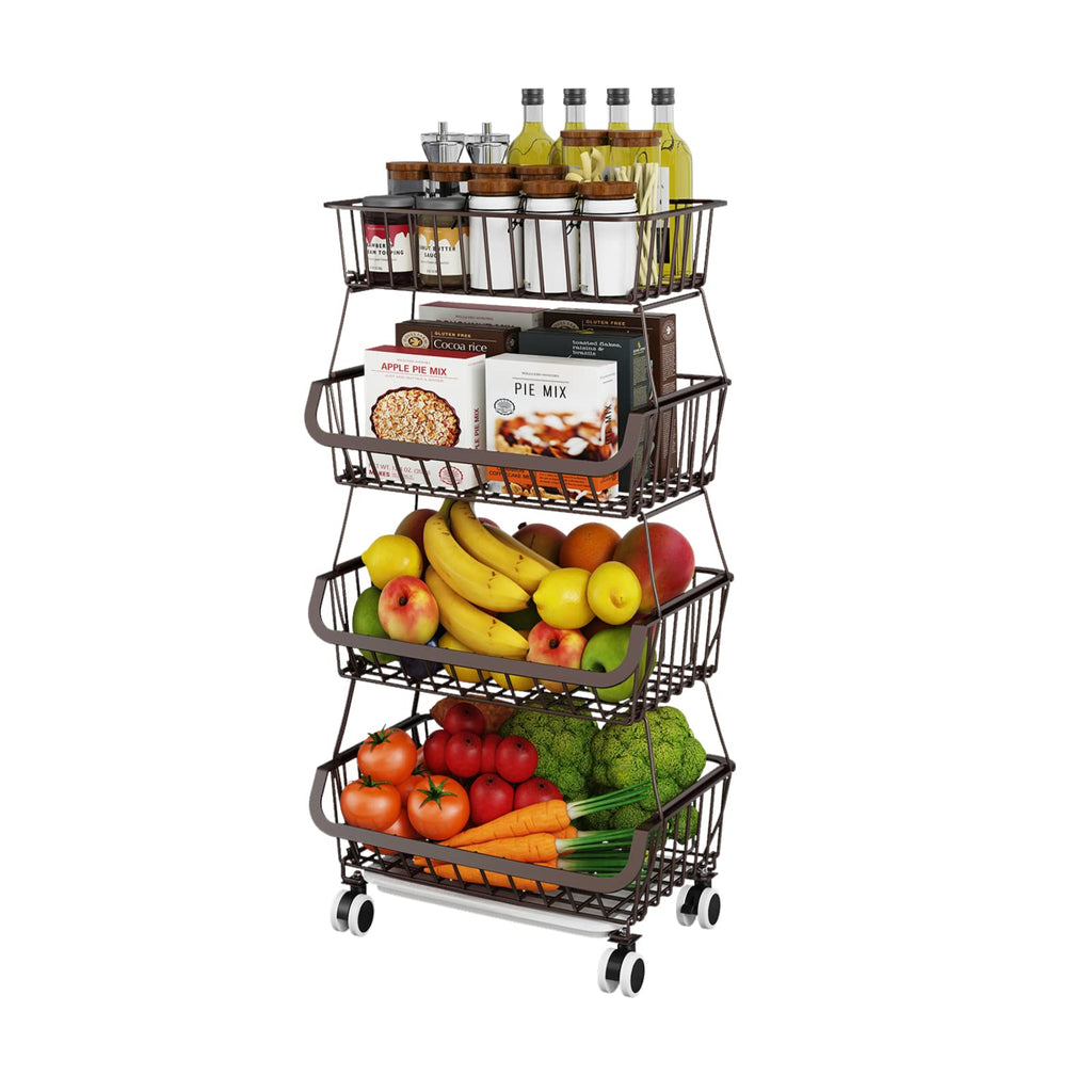 Miyawell Fruit Vegetable Storage Basket for Kitchen - 4 Tier Stackable Metal Wire Baskets Cart with Rolling Wheels Utility Fruits Rack Produce Snack Organizer Bins for Pantry Bathroom Laundry Bronze
