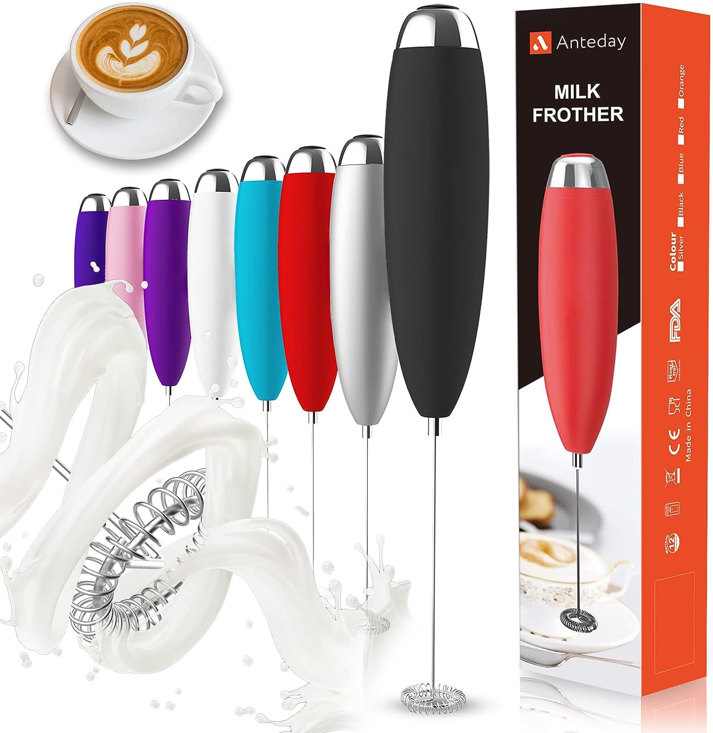 Anteday Electric Milk Frother Handheld, Quality Frother Wand for Coffee, Battery Operated (Not included) Drink Mixer Matcha Whisk, Functionality Foam Maker for Frappe Hot Chocolate, Cappuccino, Lattes