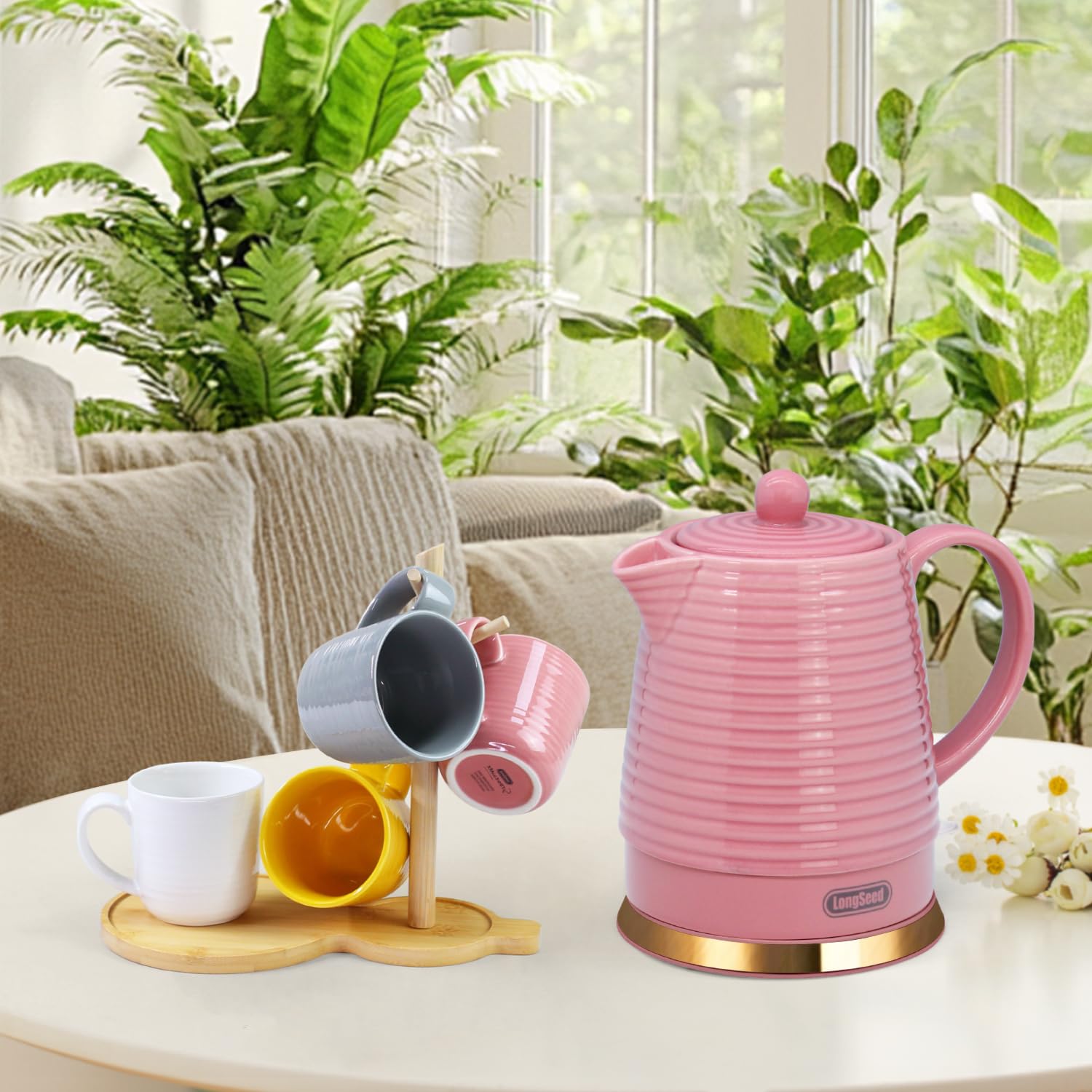 LONGSEED 1.2 Liters Ceramic Electric Kettle with Infuser & Mug Set,1000W Fast Boil Water for Tea Coffee, Teapot with Boil-Dry Protection Auto Shut Off, Detachable Swivel Base