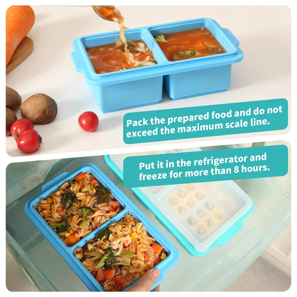 EuChoiz 2 Pack Silicone Freezer Tray Cubes 2 Cup with Date Mark Lids for Freezing Food Leftovers Sauces Portion and Lasagna Broth, Soup Freezer Molds for Meal Prepping Thick Enough