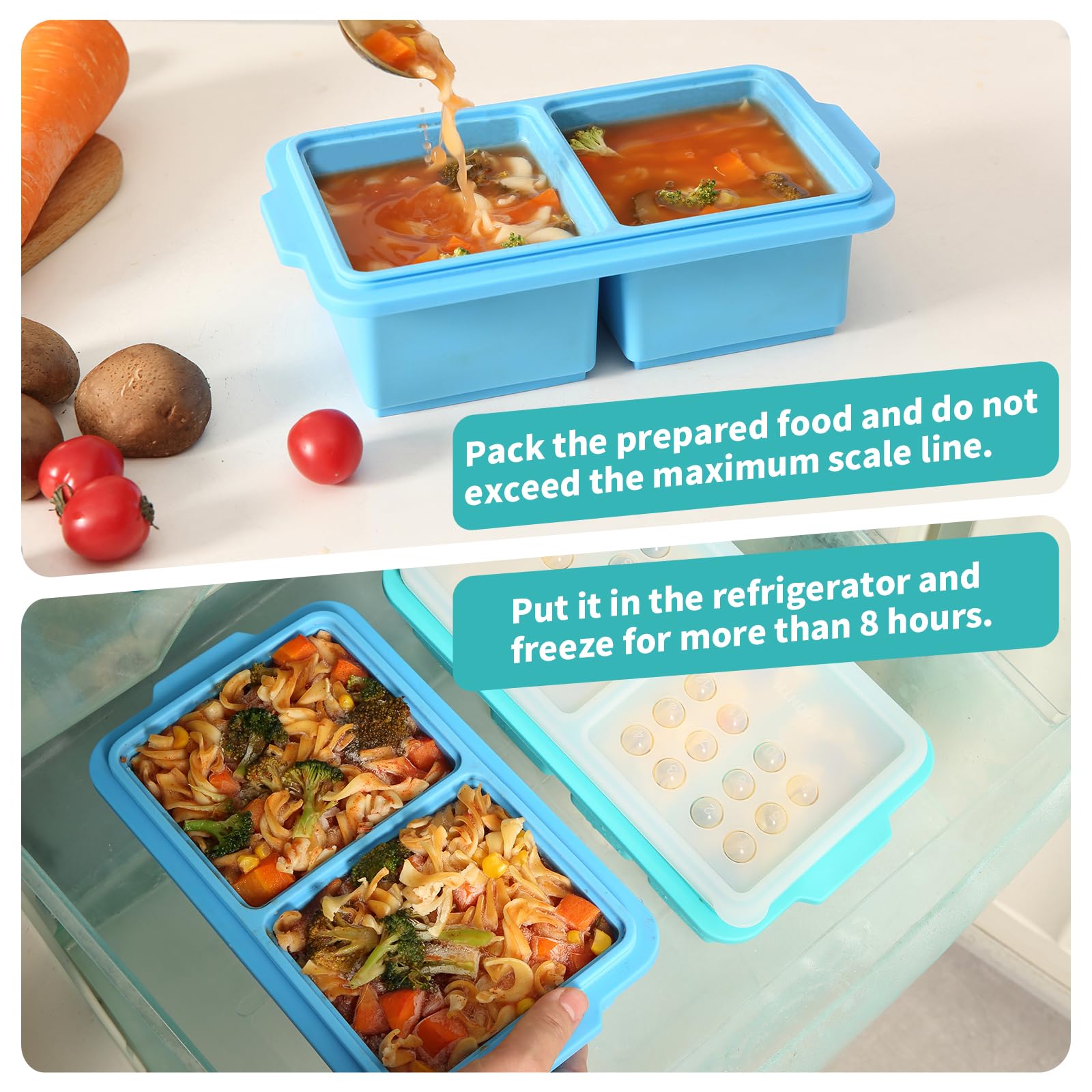 EuChoiz 2 Pack Silicone Freezer Tray Cubes 2 Cup with Date Mark Lids for Freezing Food Leftovers Sauces Portion and Lasagna Broth, Soup Freezer Molds for Meal Prepping Thick Enough