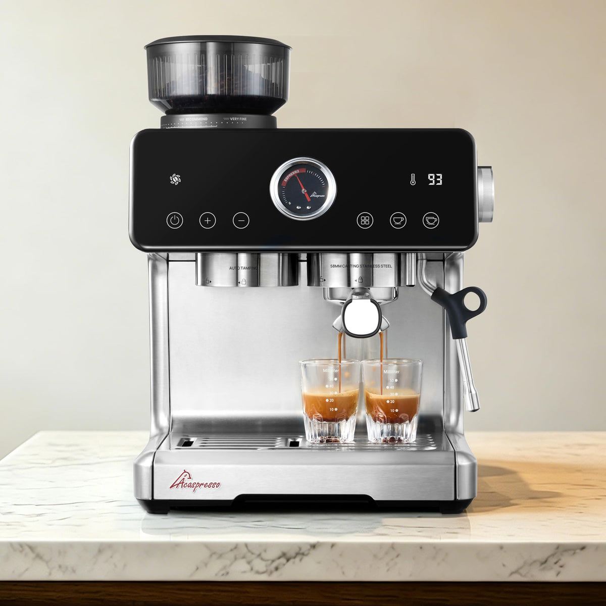 Acaspresso Espresso Machine with Grinder, Auto Distribute & Tamp 15 Bar Semi-Automatic with PID Temperature, Cold Brew Espresso Maker with Milk Frother, 58mm Portafilter for Beginners, Stainless Steel