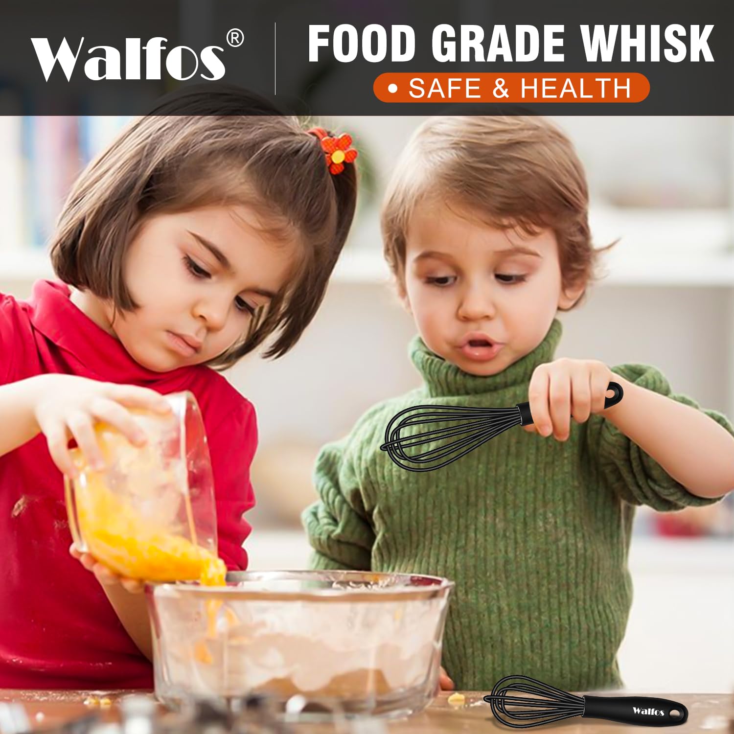 Walfos Whisk 5+7in Mini Whisk,Silicone Whisks Non Scratch Heat Resistant (480°F). Nice for stirring individual eggs and mixing small amounts of powder and sauce.Dishwasher Safe.Black