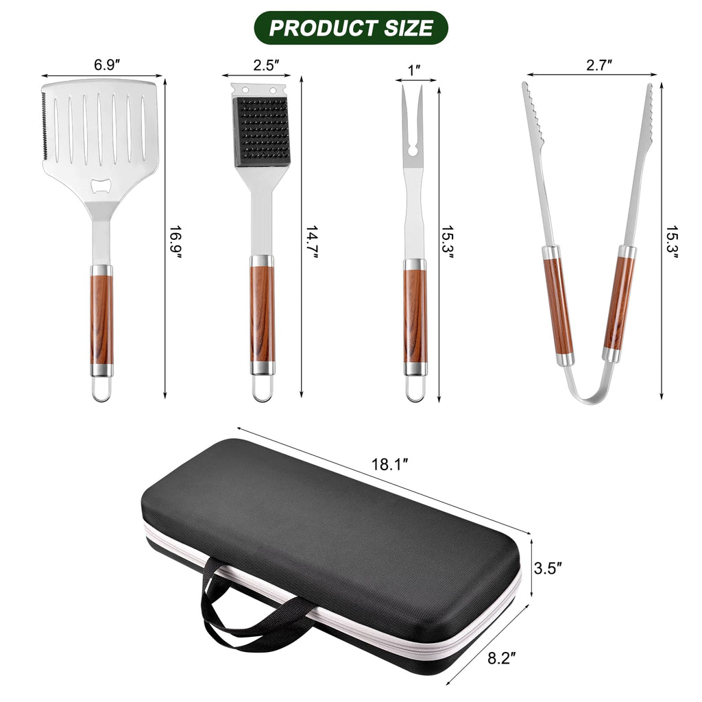 YJHOLE Grilling Accessories Set Large Spatula Fork Cleaning Brush Food Tongs Durable Stainless Steel BBQ Grill Tools with Extra Thick Storage Case BBQ Accessories Grill Set