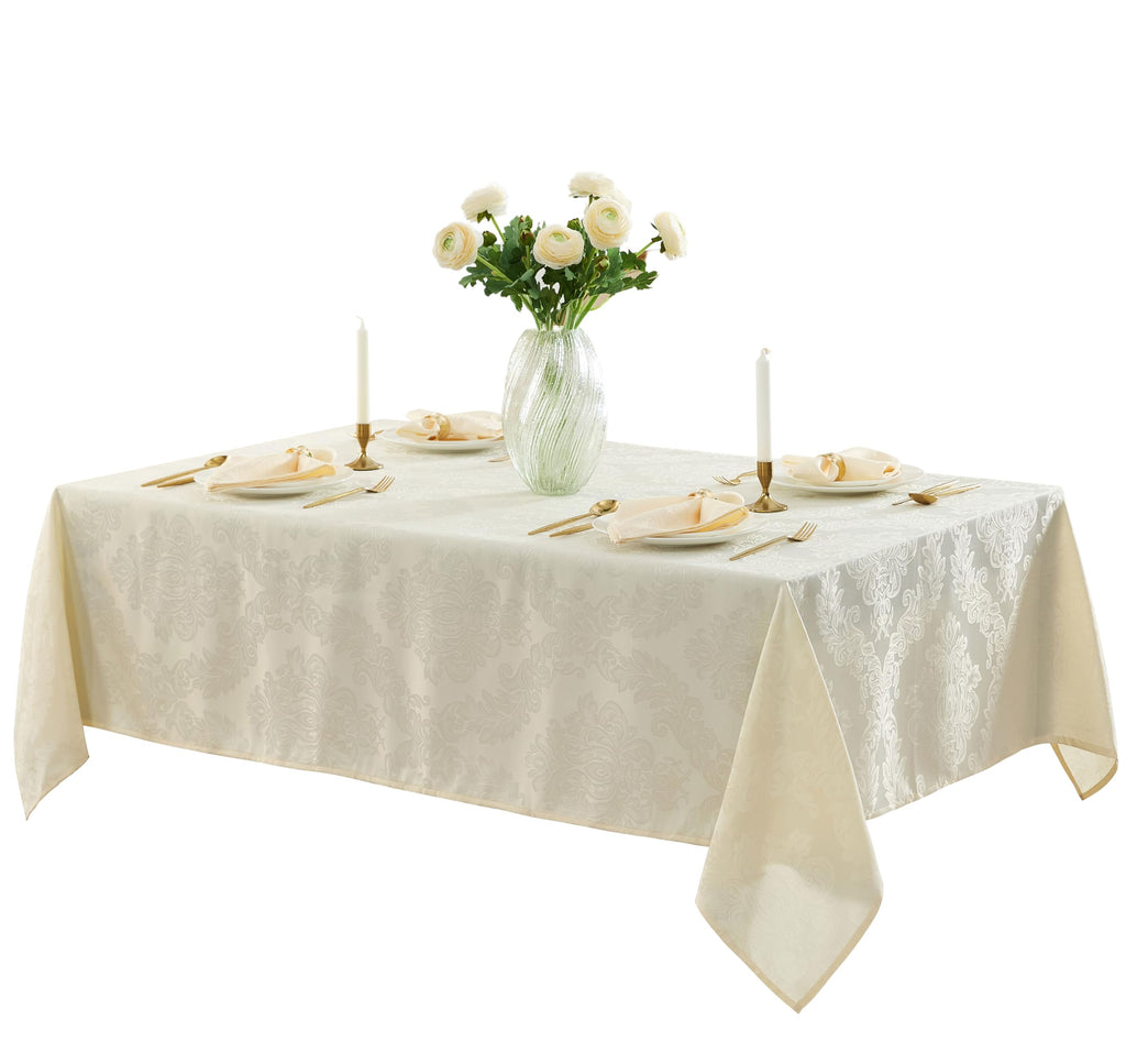 Newbridge Barcelona Luxury Damask Fabric Tablecloth, 70” x 70”, Square, Antique White, 100% Polyester, No Iron, Soil Resistant Dining Room, Party and Banquet Table Cover