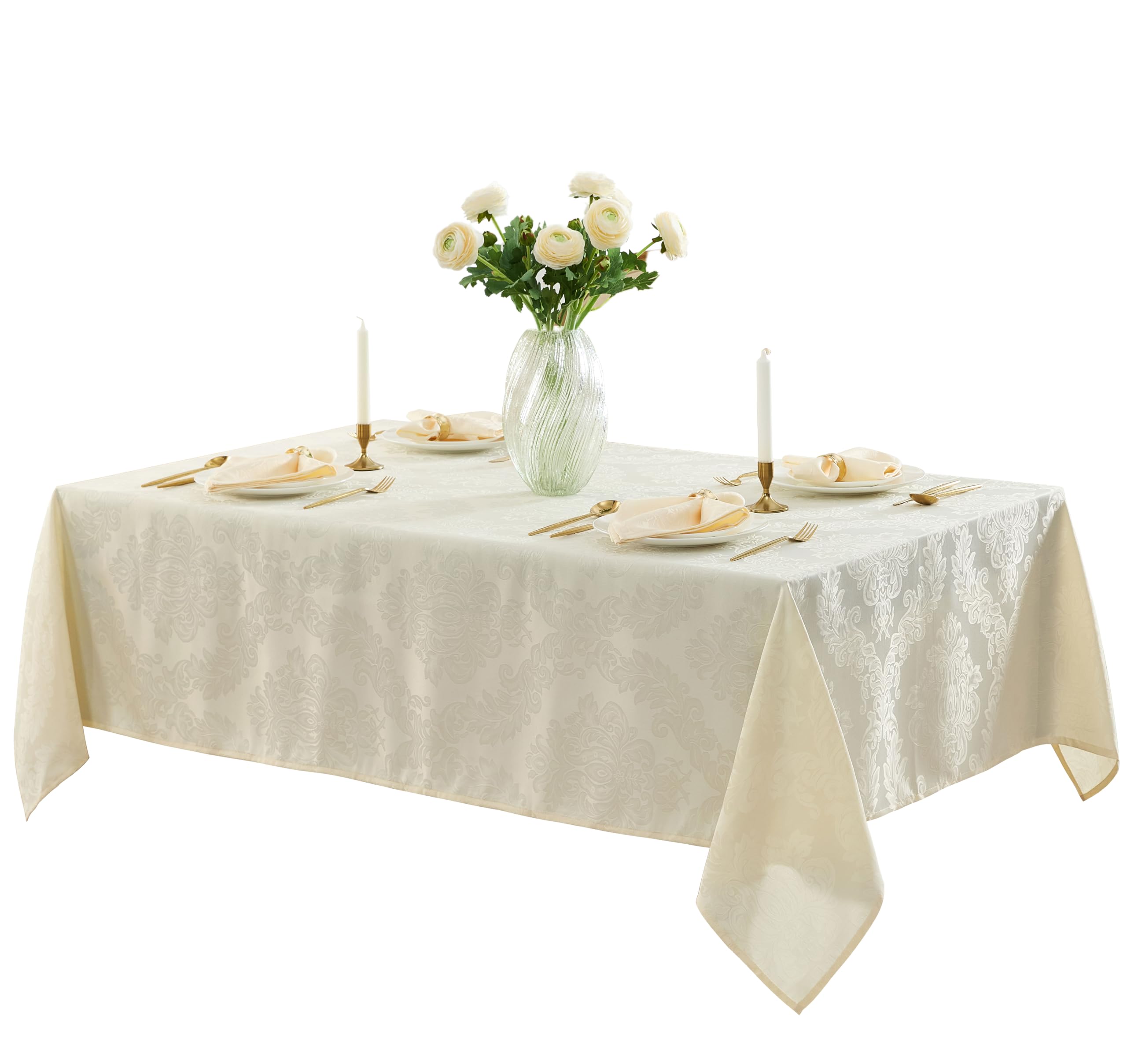 Newbridge Barcelona Luxury Damask Fabric Tablecloth, 70” x 70”, Square, Antique White, 100% Polyester, No Iron, Soil Resistant Dining Room, Party and Banquet Table Cover