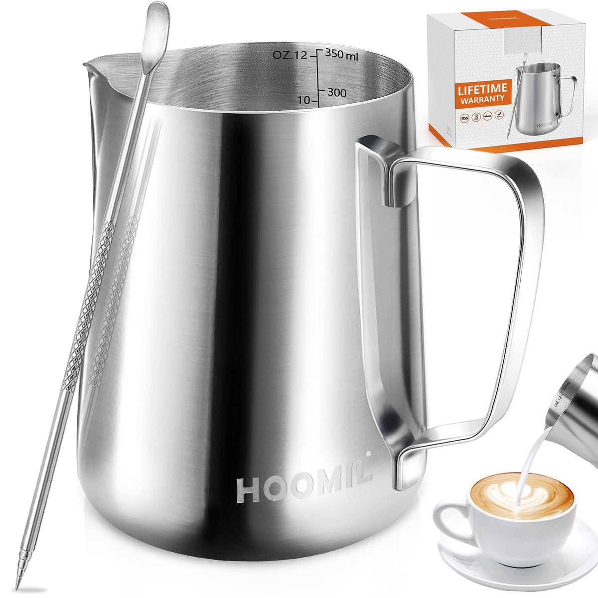 HOOMIL Milk Frothing Pitcher, 32oz, 304 Stainless Steel - Silver