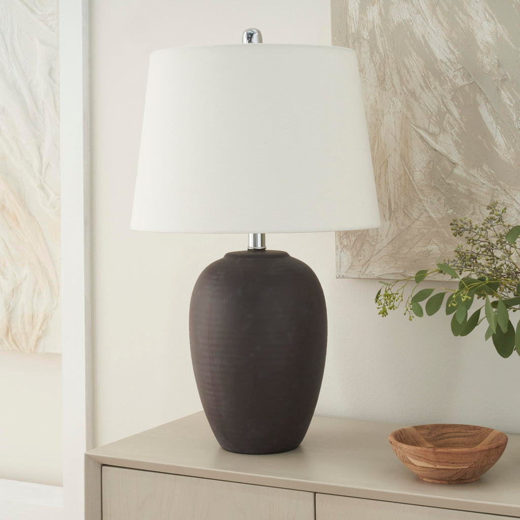 Nourison Home 23" Coastal Blue Ceramic Pot Table Lamp for Bedroom, Living Room, Dining Entryway, with White Shade