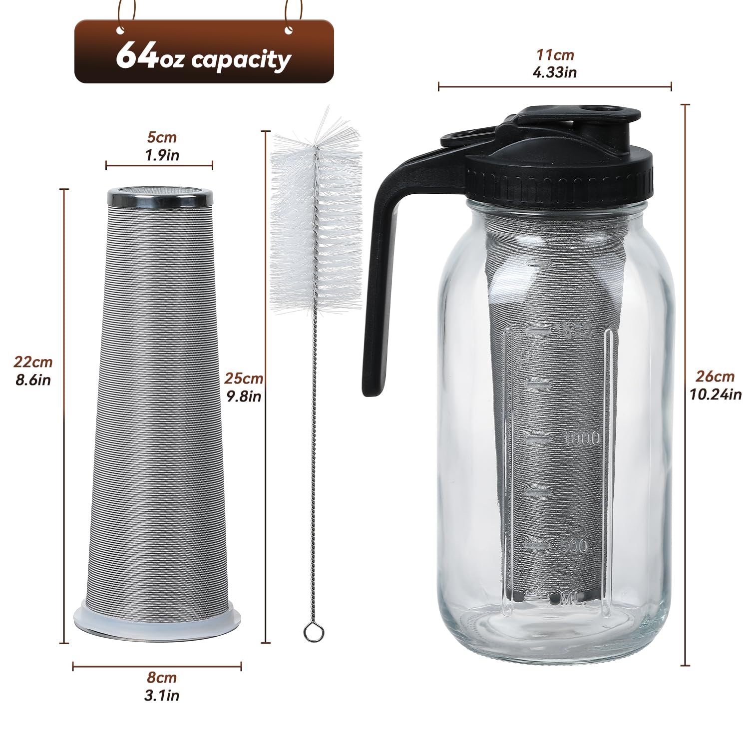 Cold Brew Coffee Maker Pitcher 64-ounce Glass Wide Mouth Mason Jar with Stainless Steel Filter and Pour Spout Handle Lid (Black, 64Ounce)