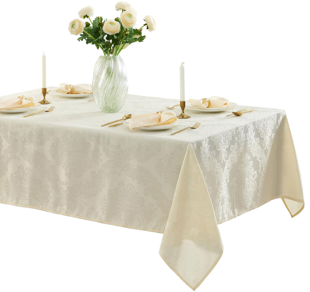 Newbridge Barcelona Luxury Damask Fabric Tablecloth, 52” Wide x 70” Rectangle, Antique White, 100% Polyester, No Iron, Soil Resistant Dining Room, Party and Banquet Table Cover