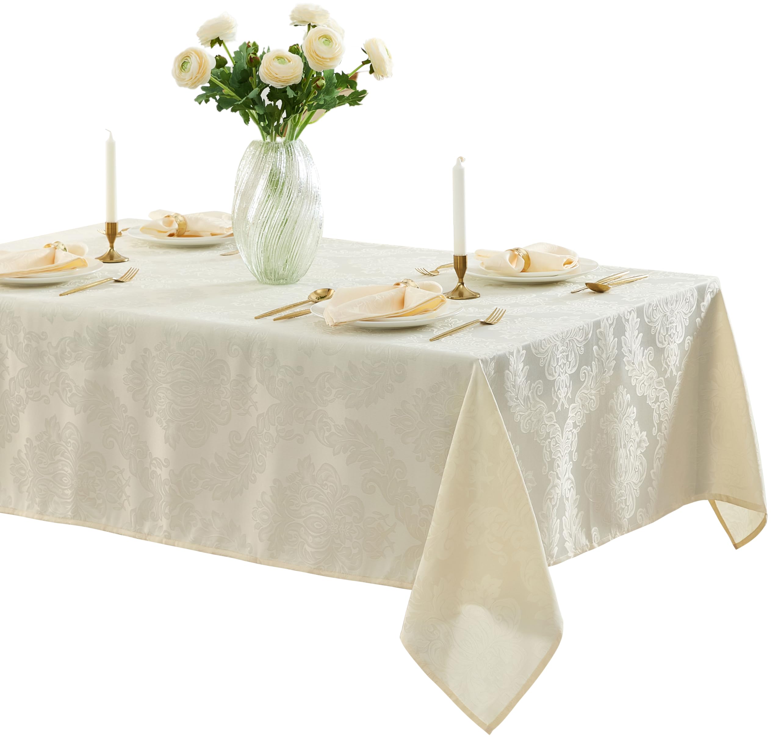 Newbridge Barcelona Luxury Damask Fabric Tablecloth, 52” Wide x 70” Rectangle, Antique White, 100% Polyester, No Iron, Soil Resistant Dining Room, Party and Banquet Table Cover