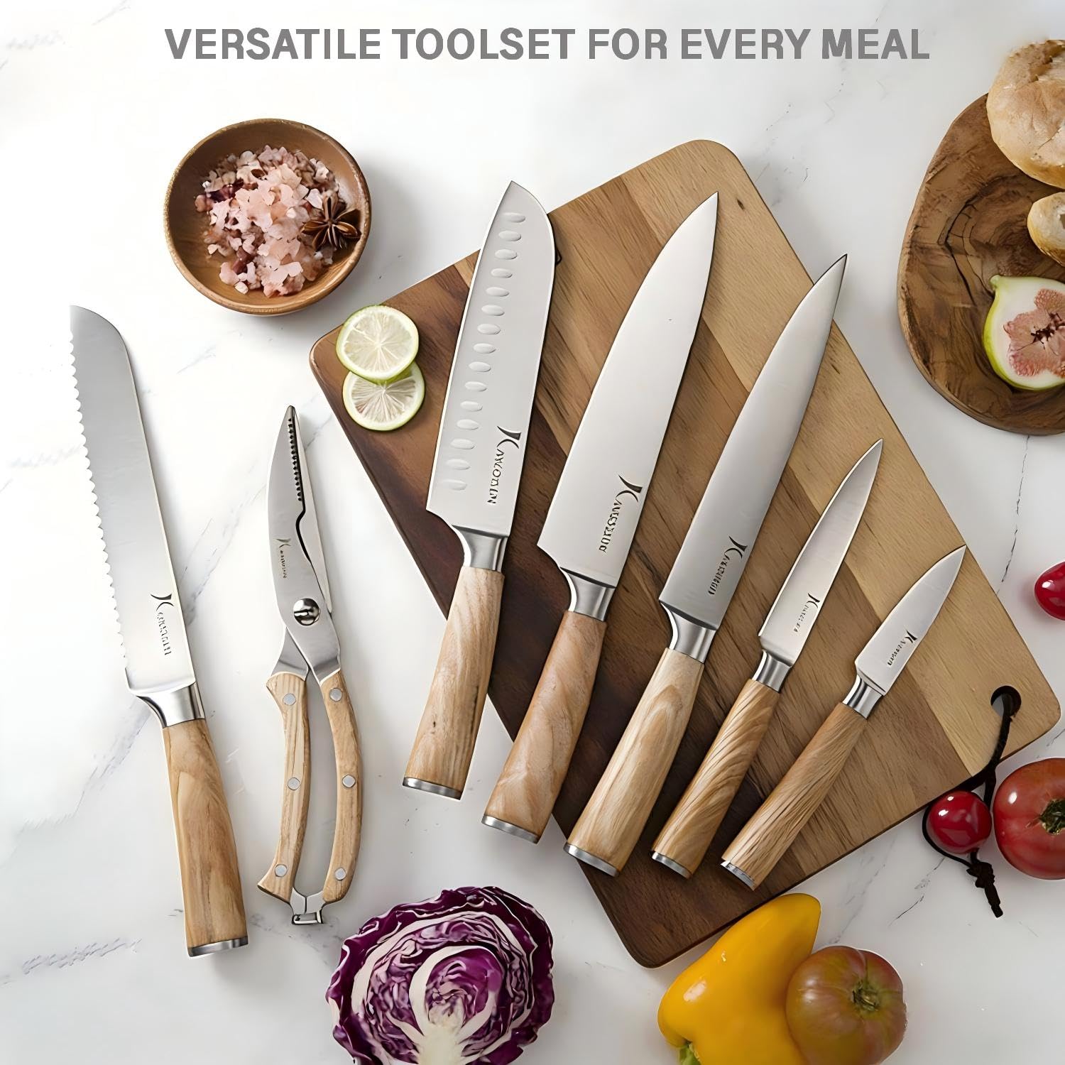 Kangdelun Ultra Sharp 14-Piece Kitchen Knife Set, High Carbon Stainless Steel Blades, Torrefied Natural Wood Handles, Ergonomic Design, Space-Saving White-Finished Wood Block, Easy Hand Wash, Gift Box