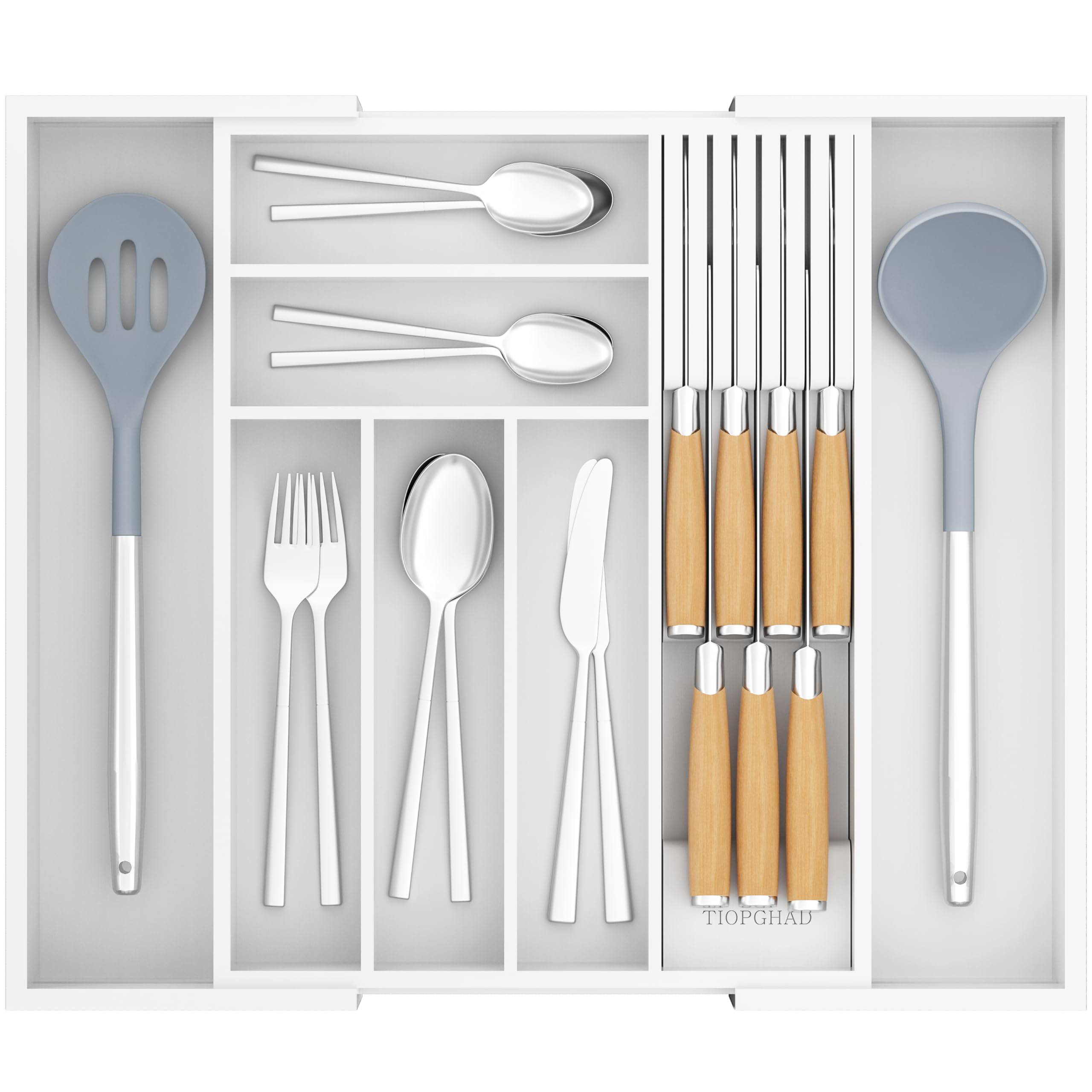 TIOPGHAD Expandable Bamboo Silverware Drawer Organizer Kitchen Tray, White