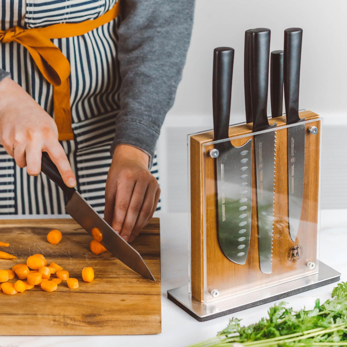 Schmidt Brothers - Carbon 6, 7-Piece Kitchen Knife Set, High-Carbon Stainless Steel Cutlery with Midtown Acacia and Acrylic Magnetic Knife Block