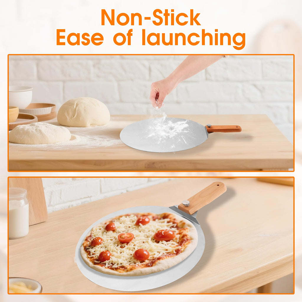 FLYZZA 12 inch Stainless Pizza Peel for Large Oven, Pizza Spatula with Foldable Wood Handle for Indoor & Outdoor Pizza Oven Baking, Turing Peel for Pizza, Dough, Bread Pastry
