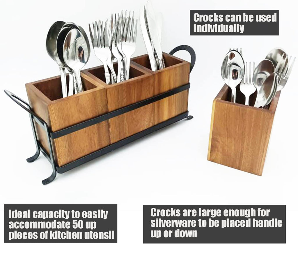 NelyBet Utensil Caddy Silverware Cutlery Holder with 3 Compartment, Wooden Utensil Crock Flatware Organizers with Metal Tray, Rustic Kitchen Utensil Organizers for Farmhouse Kitchen and Countertop