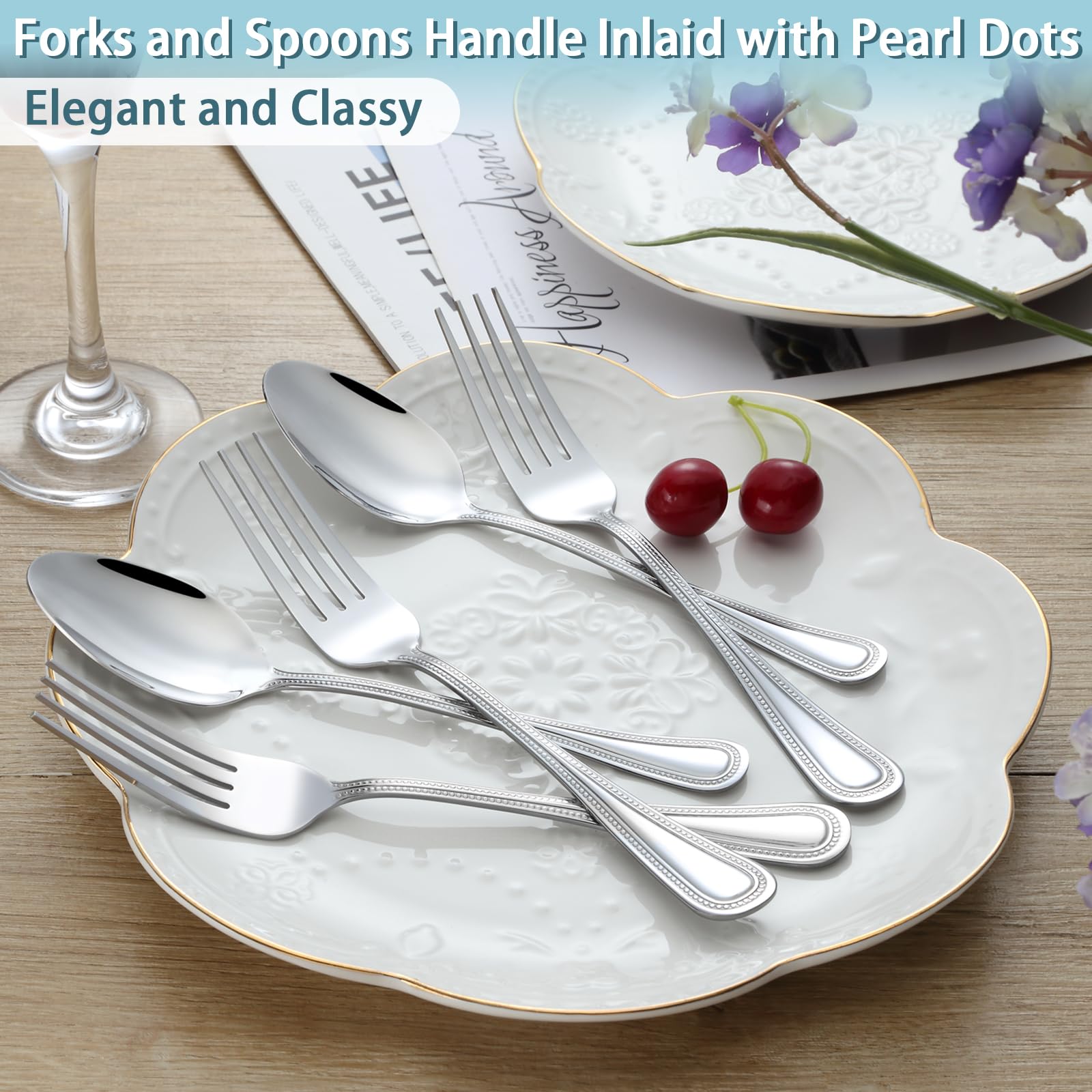 Gymdin 24 PCS Spoons and Forks Set, Food Grade Stainless Steel with Pearl Dot Design Handle Silverware Set, Mirror Polished Dishwasher Safe, Silverware Forks and Spoons for Home or Restaurant