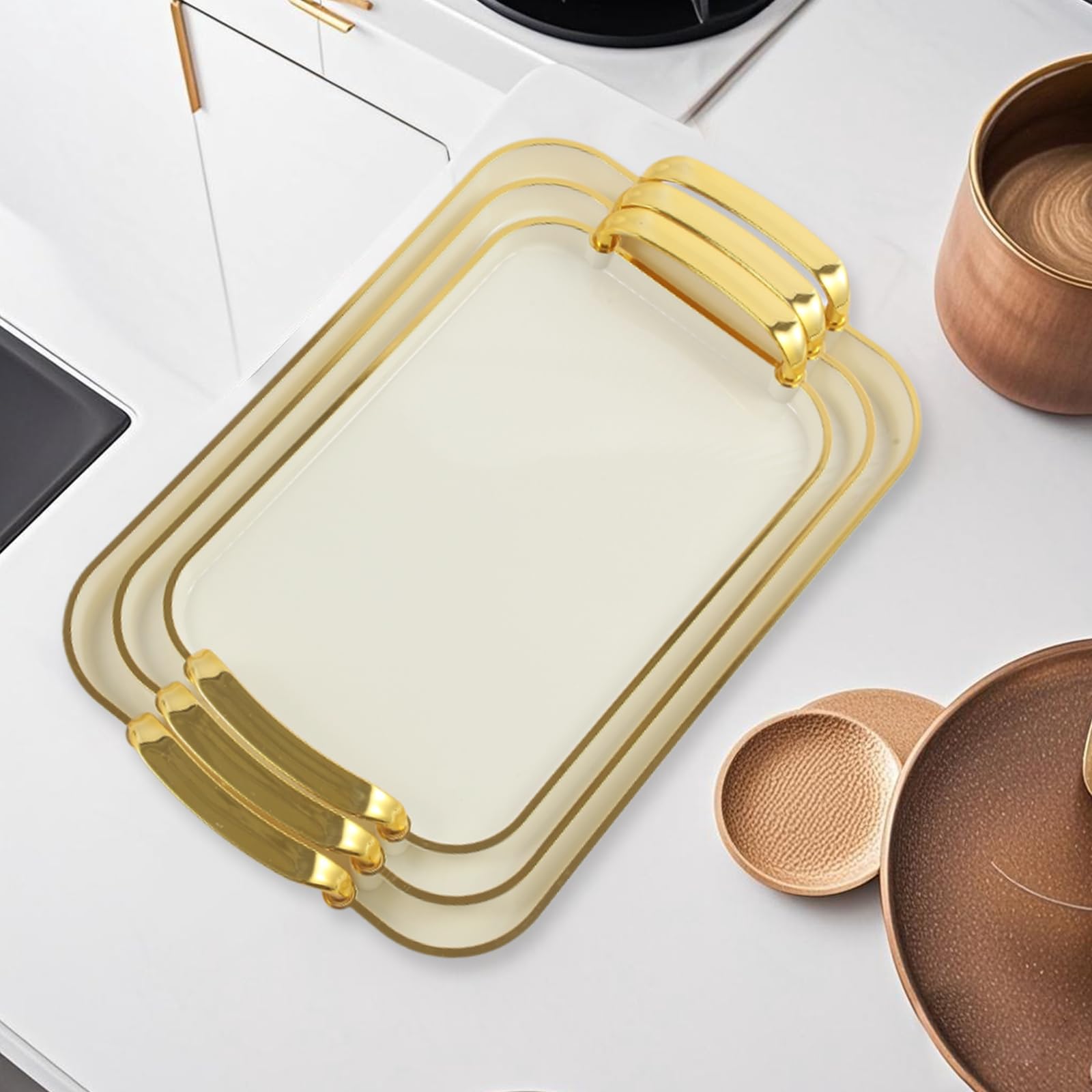 Aayoruro Serving Tray with Handles Set of 3 Rectangular Large Serving Platters 16.5/14.9/13.2 Inch White Plates for Dinner, Party, Entertaining, Cream Gold