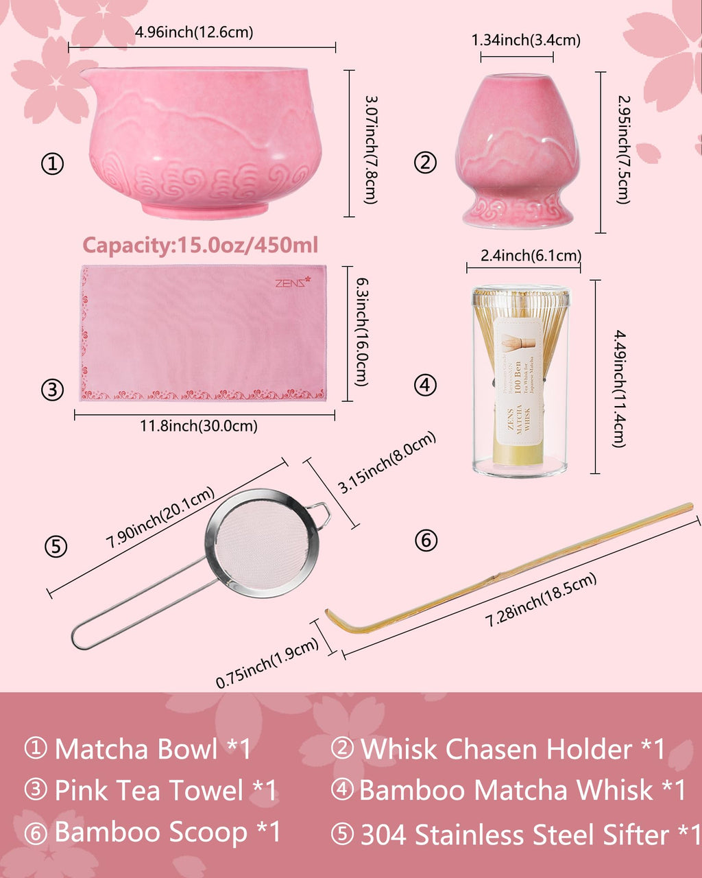 ZENS Matcha Whisk Set, 6pcs Matcha Set Pink Includes 15oz Ceramic Bowl and Bamboo Whisk (Chasen Holder) Scoop, 304 Sifter & Pink Tea Mat, Japanesse Matcha Kit for Matcha Latte-Making