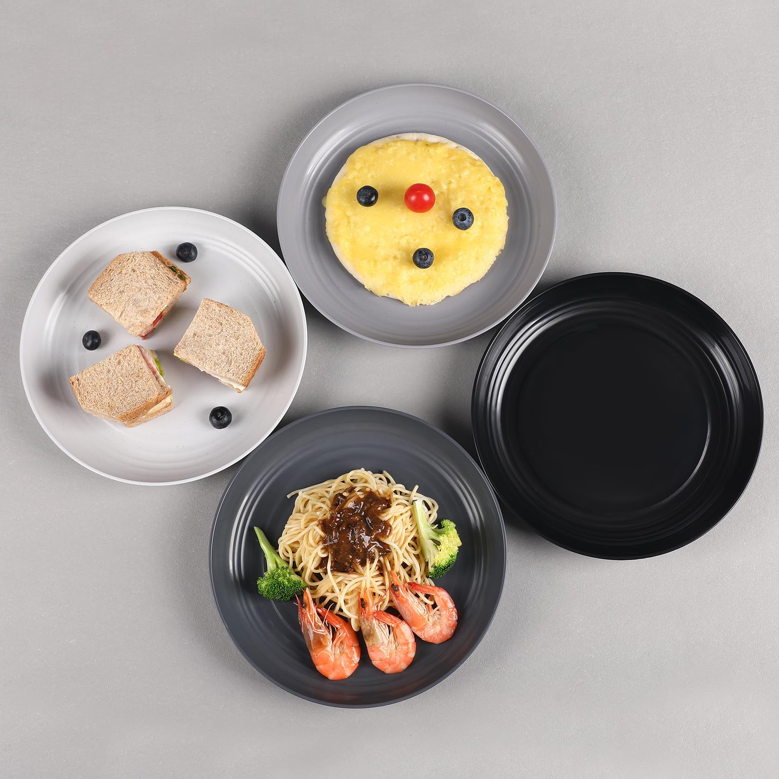 HEYCOME 12 Pcs Unbreakable Deep Dinner Plates Set, 10 inch Reusable Plastic Wheat Straw Plates, Microwave and Dishwasher Safe Plate for Kitchen, Lightweight Plate for Dessert, BPA Free, White Gray