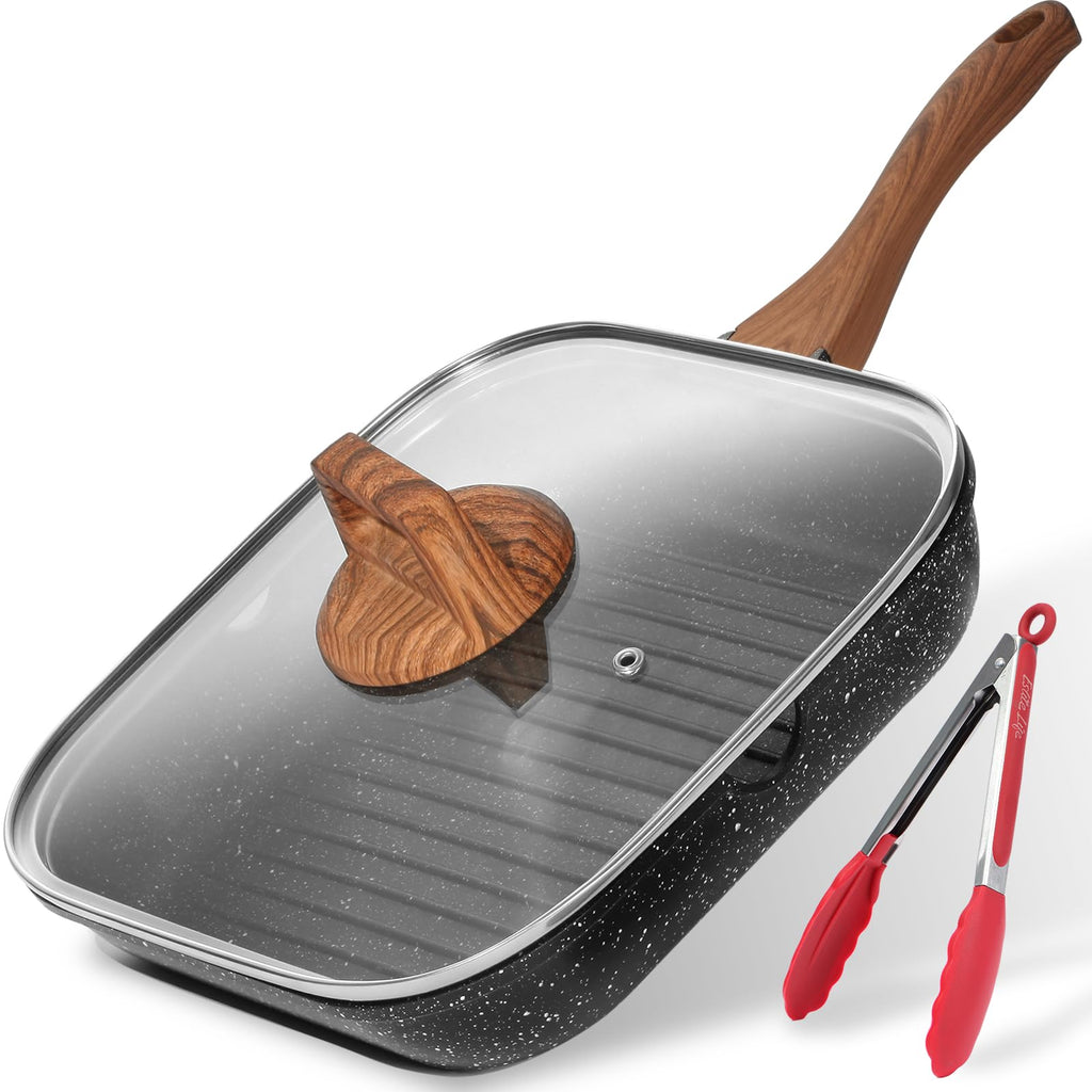 ESLITE LIFE Nonstick Grill Pan for Stove Tops, Versatile Griddle with Pour Spouts, 9.5 Inch Square Big Grilling Skillet Steak Pan for Indoor & Outdoor Cooking, PTFE & PFOA Free, Black