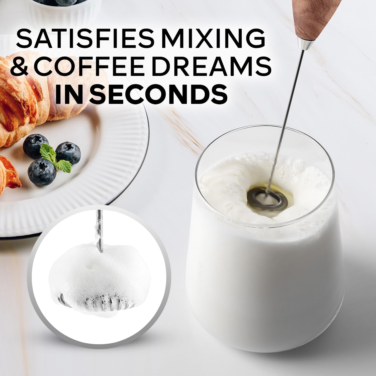 Zulay Kitchen Powerful Milk Frother Wand With Duracell Batteries - Ultra Fast Handheld Drink Mixer - Electric Whisk Foam Maker for Coffee, Lattes, Cappuccino & Matcha - Z1 Motor - Walnut