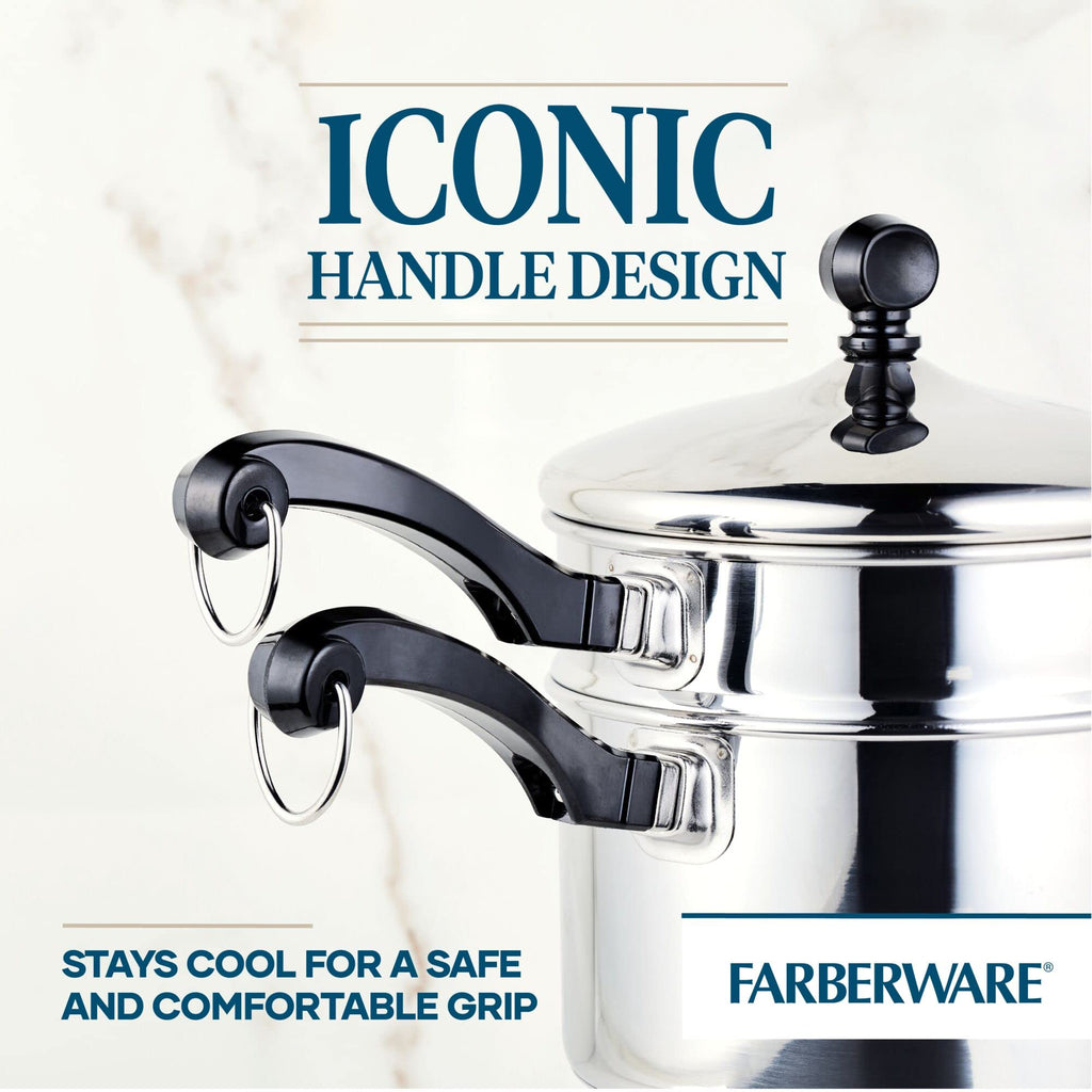 Farberware Classic Series Stainless Steel Double Boiler and Saucepan with Lid, Double Boilers For Stove Top, 2-Quart
