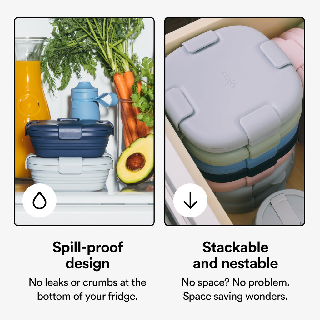 STOJO Collapsible Sandwich Box – 24oz, Reusable Food Storage Container, Silicone Bowl for Hot/Cold Food – Meal Prep, Lunch, Camping, Hiking – Dishwasher Safe (Sage, Set of 5)