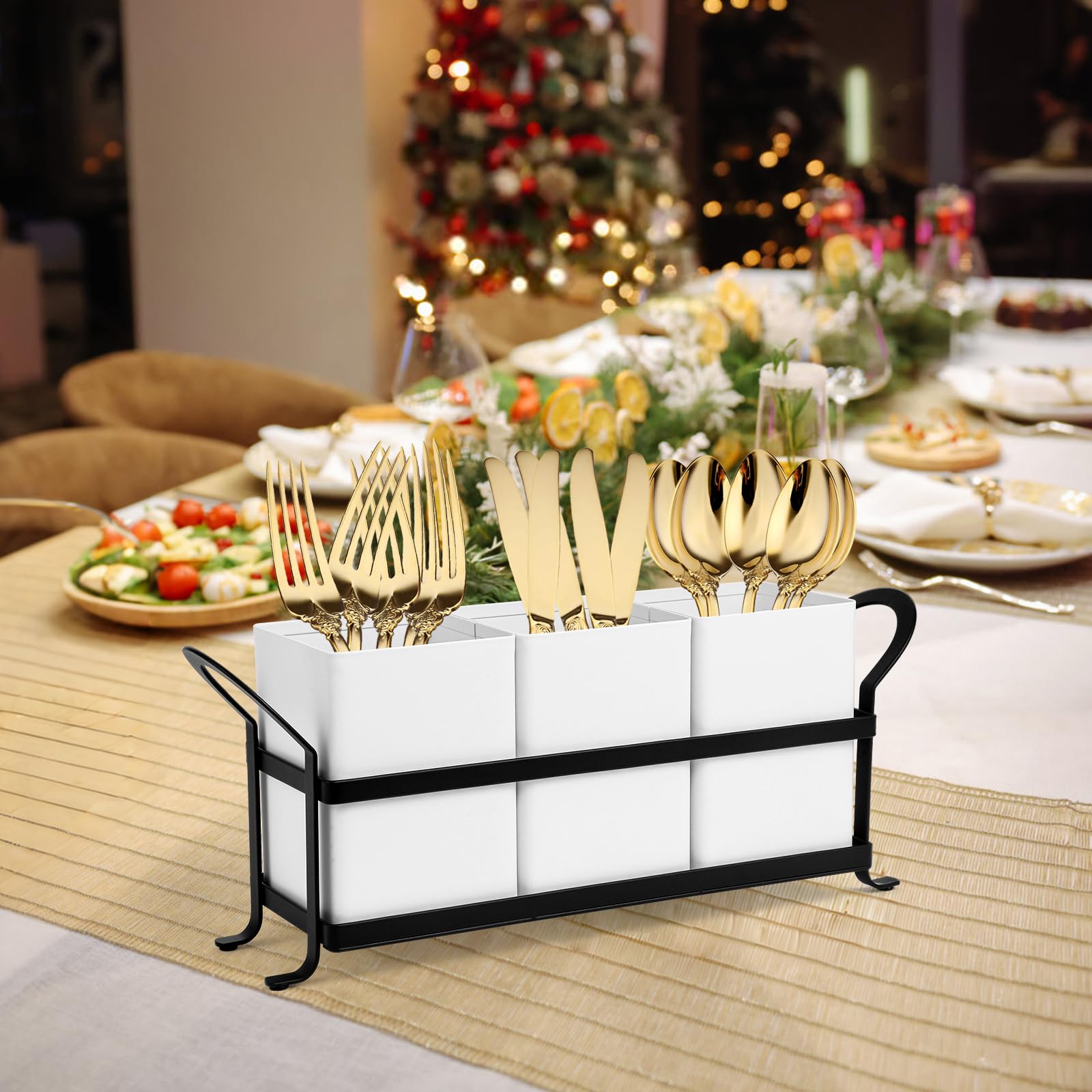 NelyBet Utensil Holder Silverware Caddy for Party Countertop, 3pcs Bins Set Silverware Caddy Organizer Holders for Spoon and Fork, White and Black