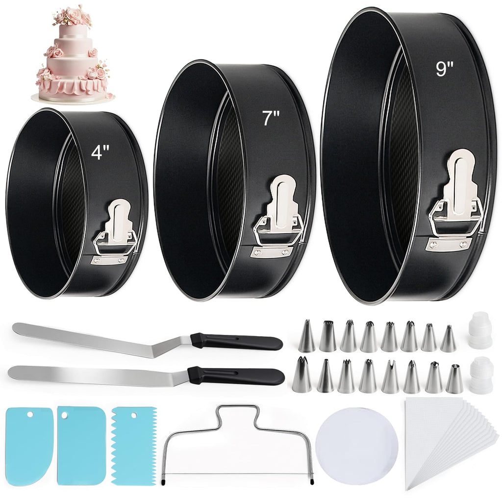WERTIOO 138pcs Springform Cake Pan Sets for Baking with Cake Decorating Kit, 3 Round Non-Stick Springform Pan Set (4, 7, 9 inches), Leak-Proof Cheesecake Pan with Icing Tips, Cake Leveler & eBook