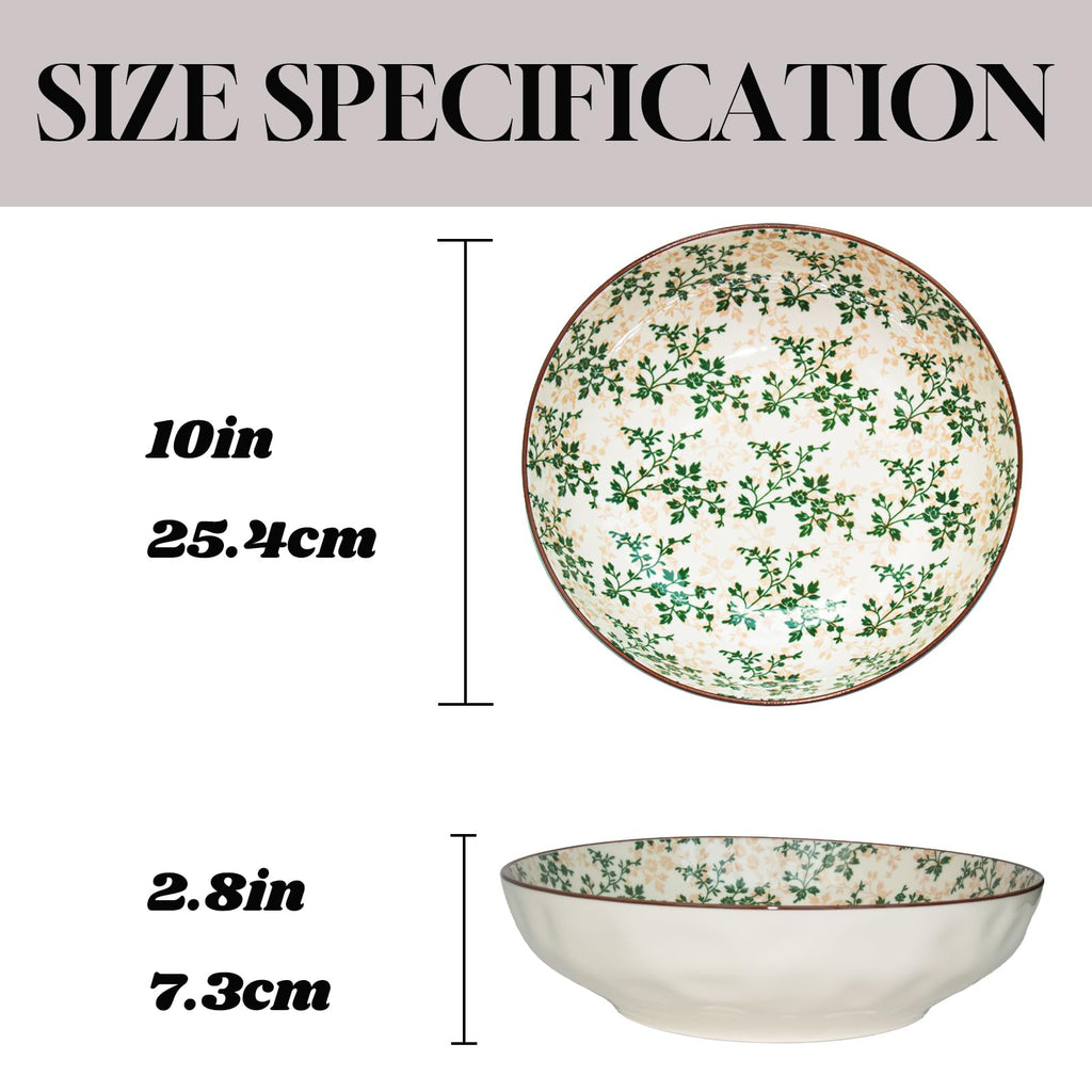 Ronanemon Large Serving Bowls, 78Oz Extra Large Salad Bowls Set of 2, Green Floral Pattern Design Decorative Bowls for Salad, Fruit, Pasta and Dinner, Serving Dishes Set for Party (Green Floral of 2)