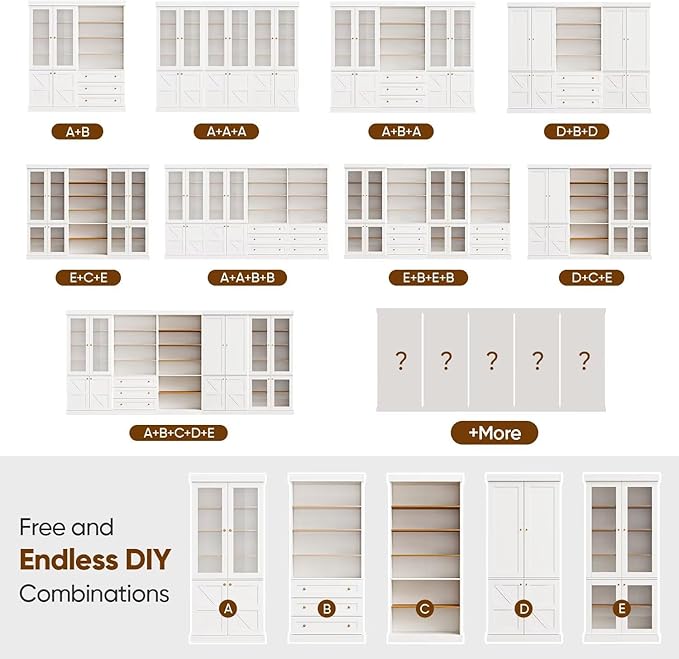 70.8" Tall Farmhouse Kitchen Pantry Cabinet with Glass Doors, Modular Storage Cabinet with 6-Tier Adjustable Shelves, White, Wooden Hutch for Kitchen, Living Room, Set of 2