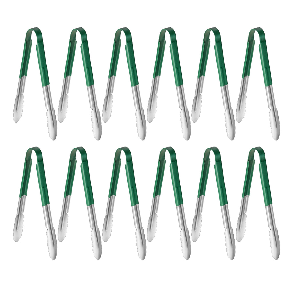 New Star Foodservice 12 Inch Utility Spring Tongs, Set of 12, Commercial Restaurant Grade Stainless Steel Tongs with Green Vinyl Coated Handles