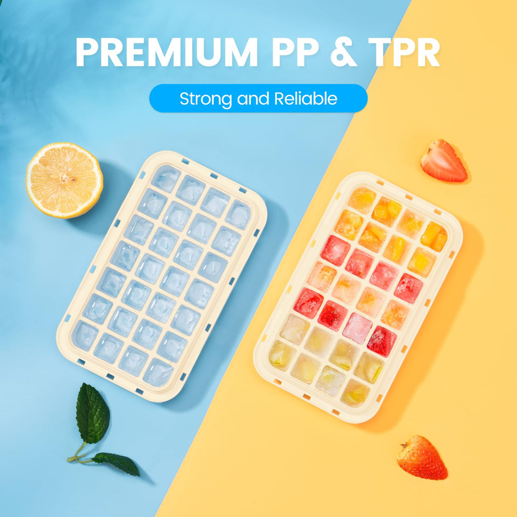 0.8“ Ice Cube Tray with Lid and Bin, PHINOX 56 Cubes Ice Trays for Freezer, Ice Cube Trays for Freezer with 2 trays, Container, Lid & Ice Scoop, BPA Free, Yellow(28Cubes/Tier)