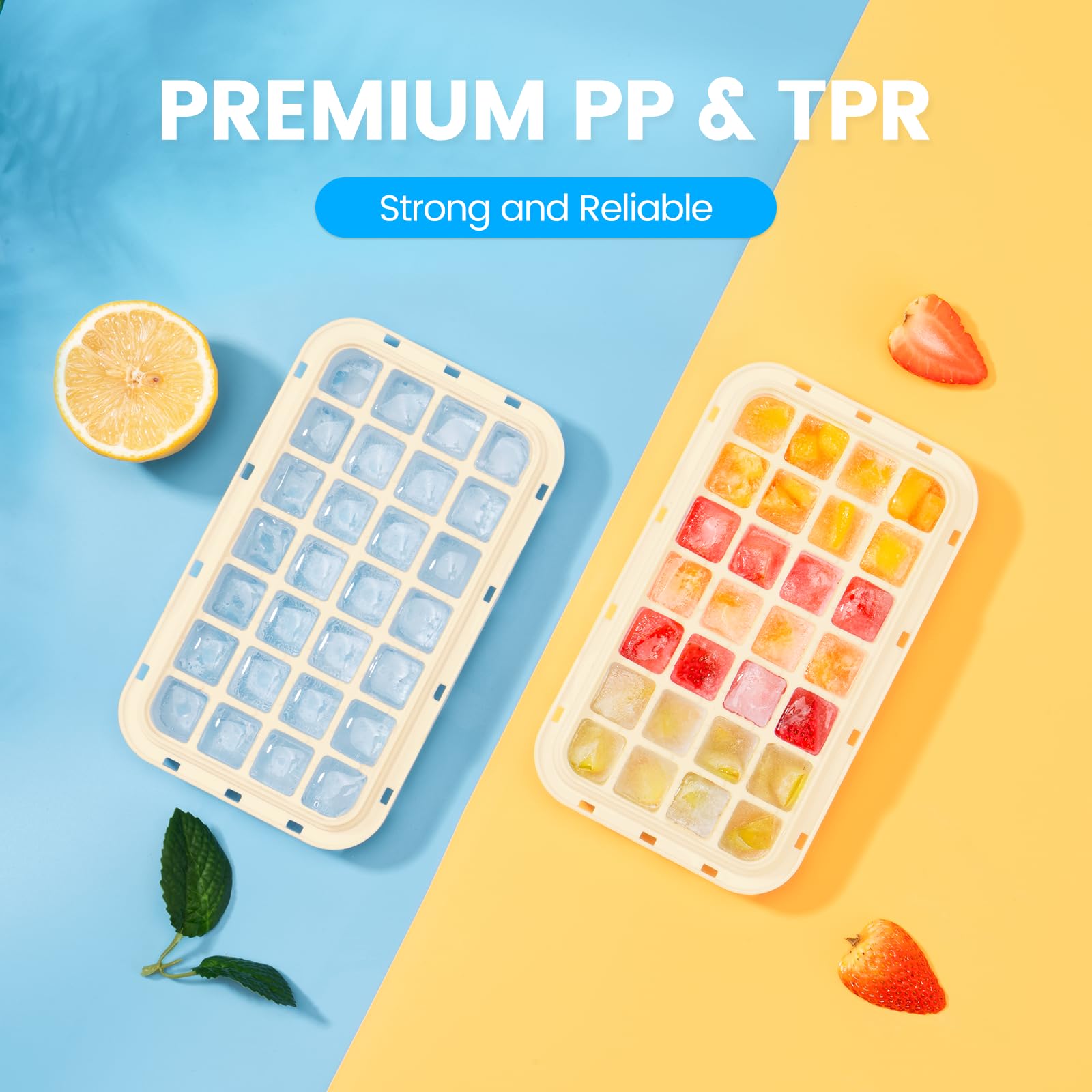 0.8“ Ice Cube Tray with Lid and Bin, PHINOX 56 Cubes Ice Trays for Freezer, Ice Cube Trays for Freezer with 2 trays, Container, Lid & Ice Scoop, BPA Free, Yellow(28Cubes/Tier)