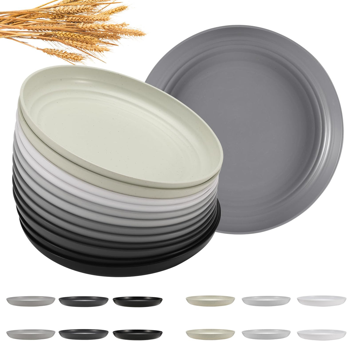 HEYCOME 12 Pcs Unbreakable Deep Dinner Plates Set, 10 inch Reusable Plastic Wheat Straw Plates, Microwave and Dishwasher Safe Plate for Kitchen, Lightweight Plate for Dessert, BPA Free, 6 Colors