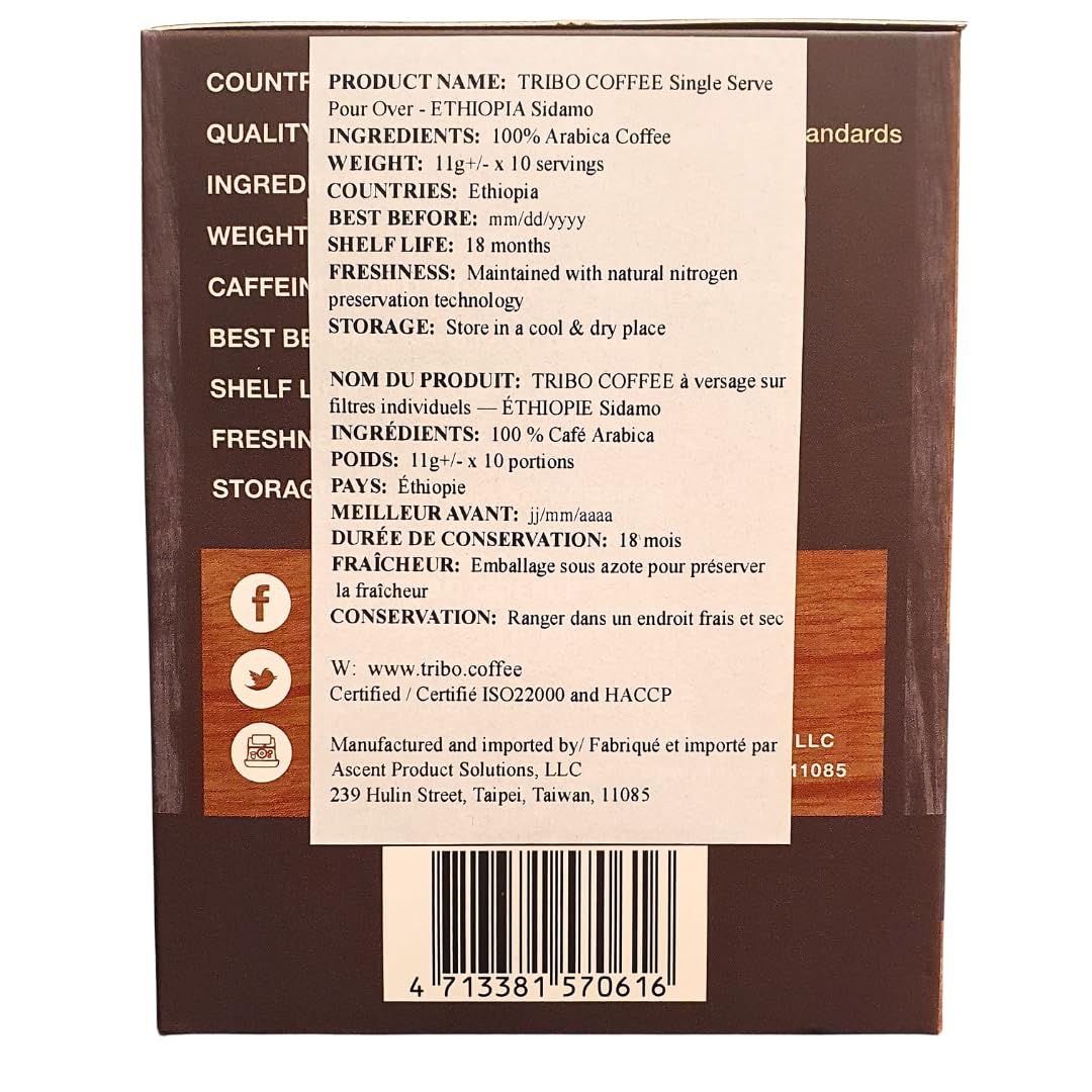TRIBO Coffee Single-Serve Pour Over Packets, Ethiopia Sidamo