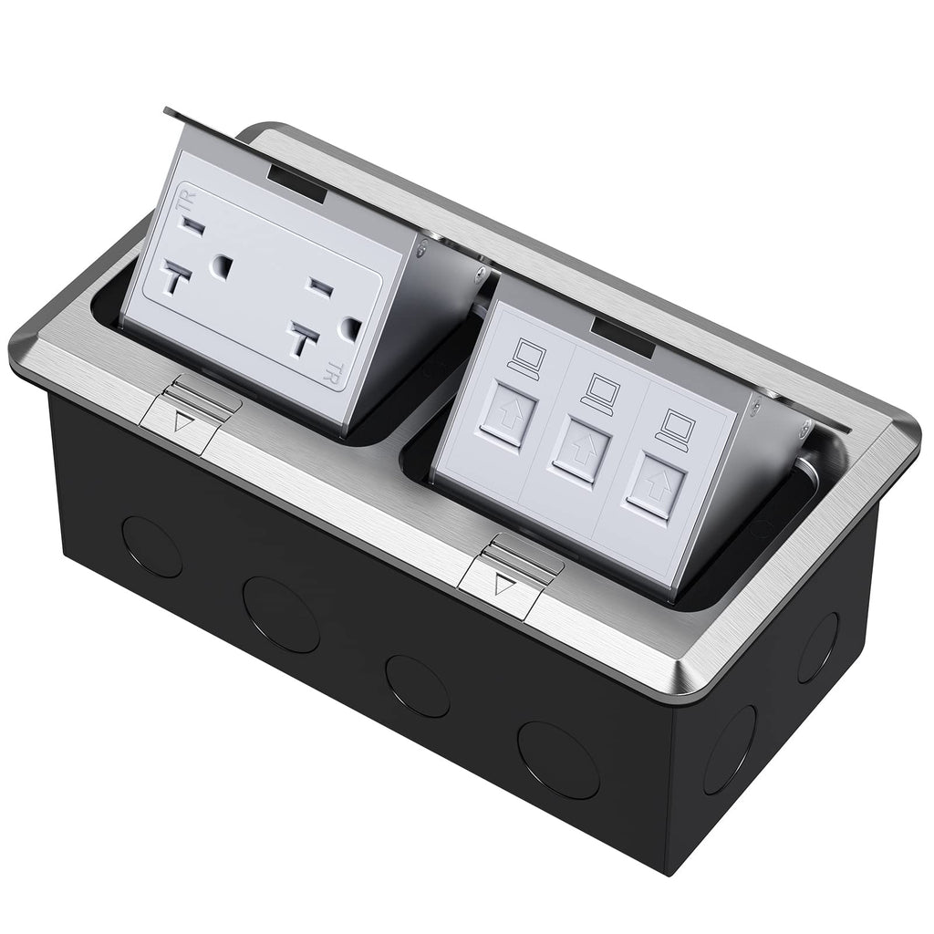 KYHSHJ Dual Pop-Up Floor Electrical Outlet Box Kit，20 Amp Stainless Steel GFCI TR Receptacle Outlet，3-Port RJ45 Datacom Receptacle， Black