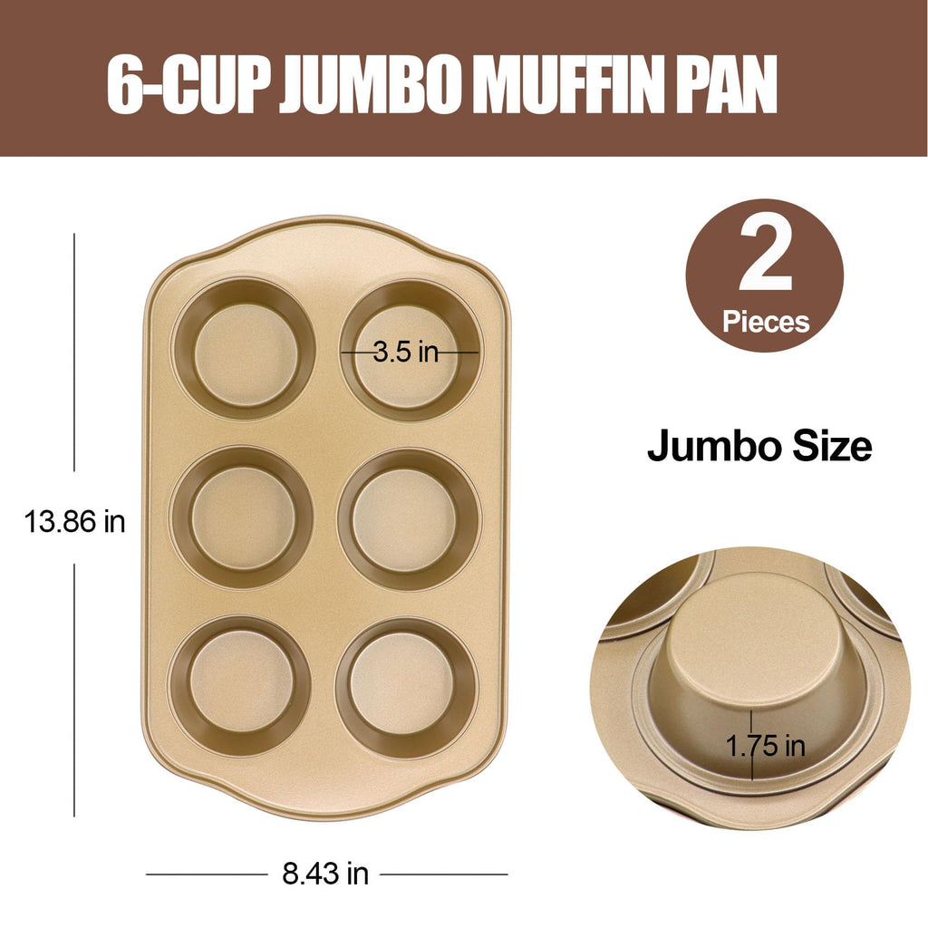 JOHO BAKING Jumbo Muffin Pan 2 Pack, Nonstick Large Cupcake Pan 6 Cup, Heavy Duty 0.5mm Thick Steel Big Muffin Tins for Baking, 3.5inch Dia, Gold