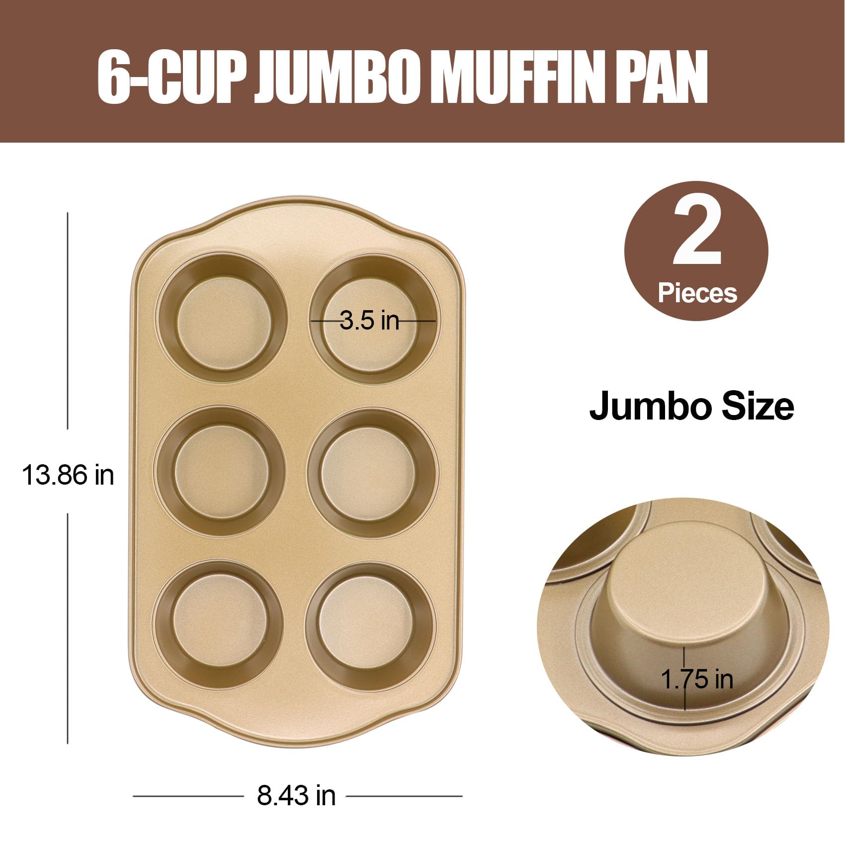 JOHO BAKING Jumbo Muffin Pan 2 Pack, Nonstick Large Cupcake Pan 6 Cup, Heavy Duty 0.5mm Thick Steel Big Muffin Tins for Baking, 3.5inch Dia, Gold