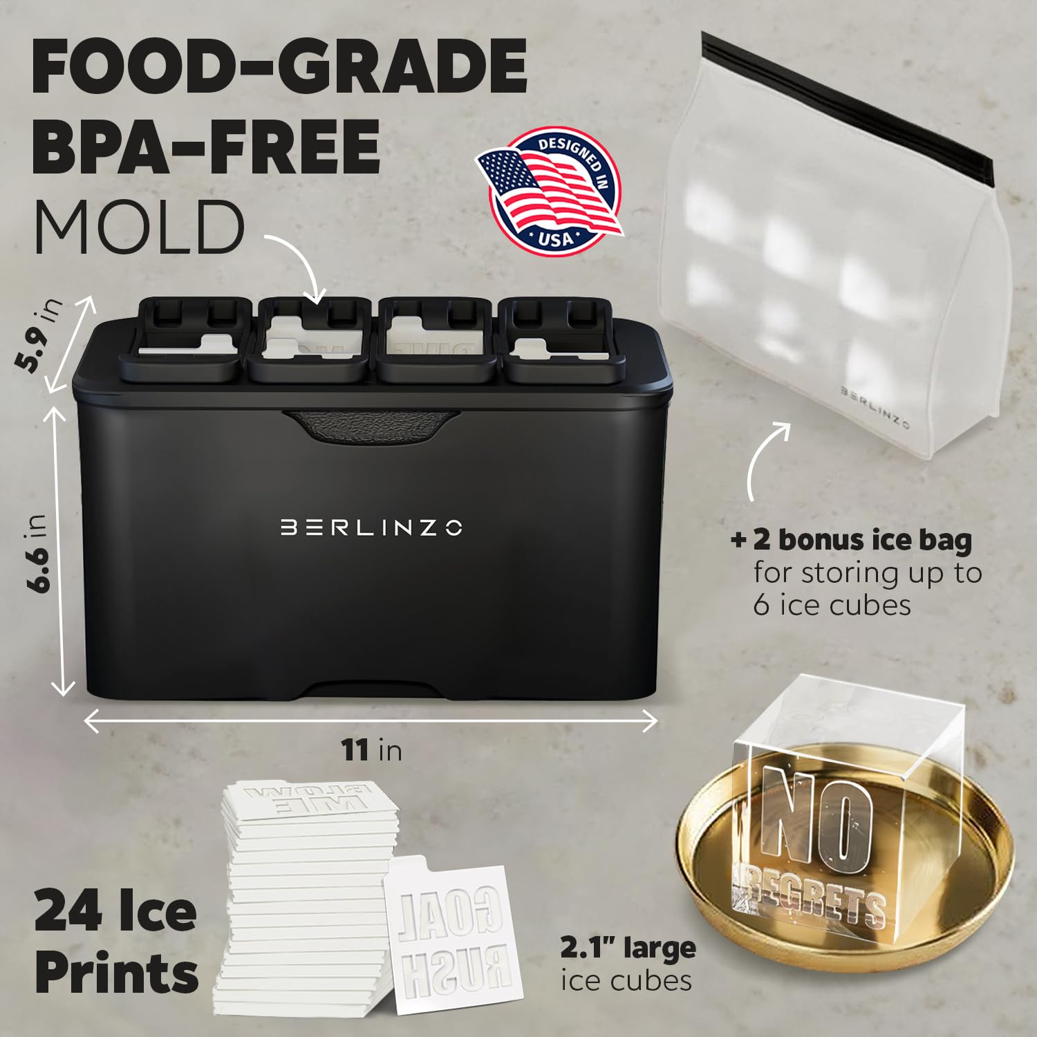Berlinzo Clear Ice Cube Maker Mold - 8 2.1in Whiskey Squares, Non-Electric