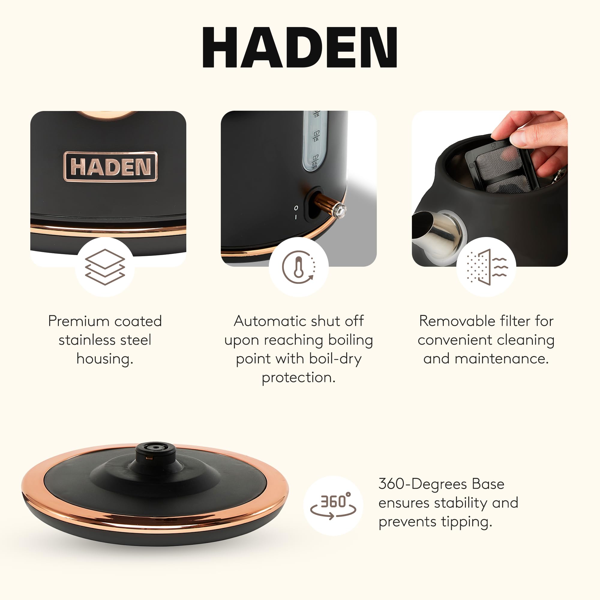 Haden Dorset 1.7 Liter Stainless Steel Electric Kettle, Hot Water Kettle with 360-Degree Base and Auto Shutoff, Black & Copper